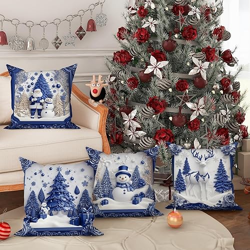 Miniatura 7 de Juego de 4 fundas de almohada navideñas de 18 x 18 pulgadas, fundas decorativas de invierno, Navidenas para cojines, fundas de almohada de Navidad