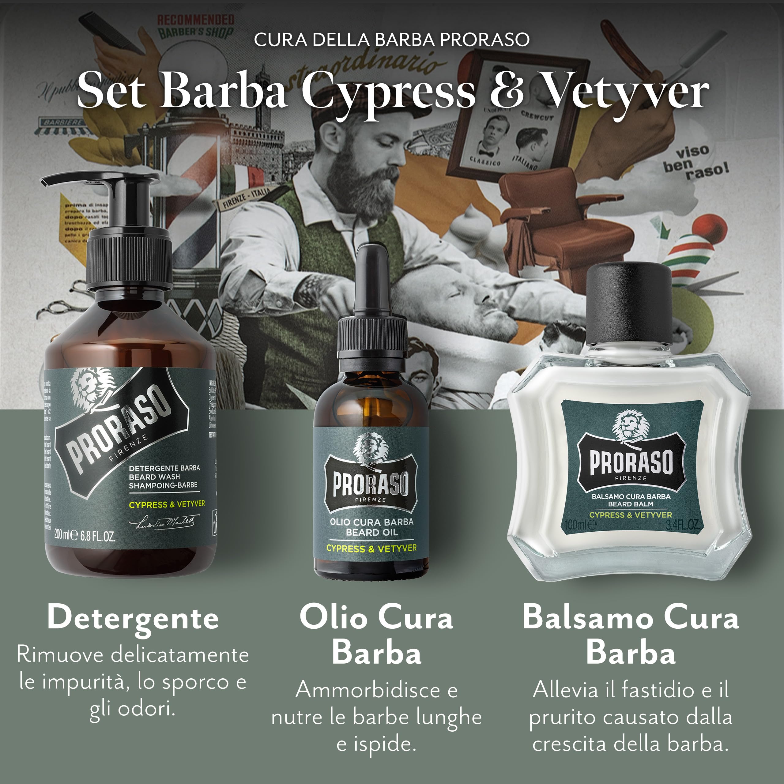 Proraso Set barba uomo Cypress and Vetyver, Set ideale come regalo uomo contenente Shampoo da 200 ml, Olio 30 ml e Balsamo per la barba da 100 ml, Made in Italy