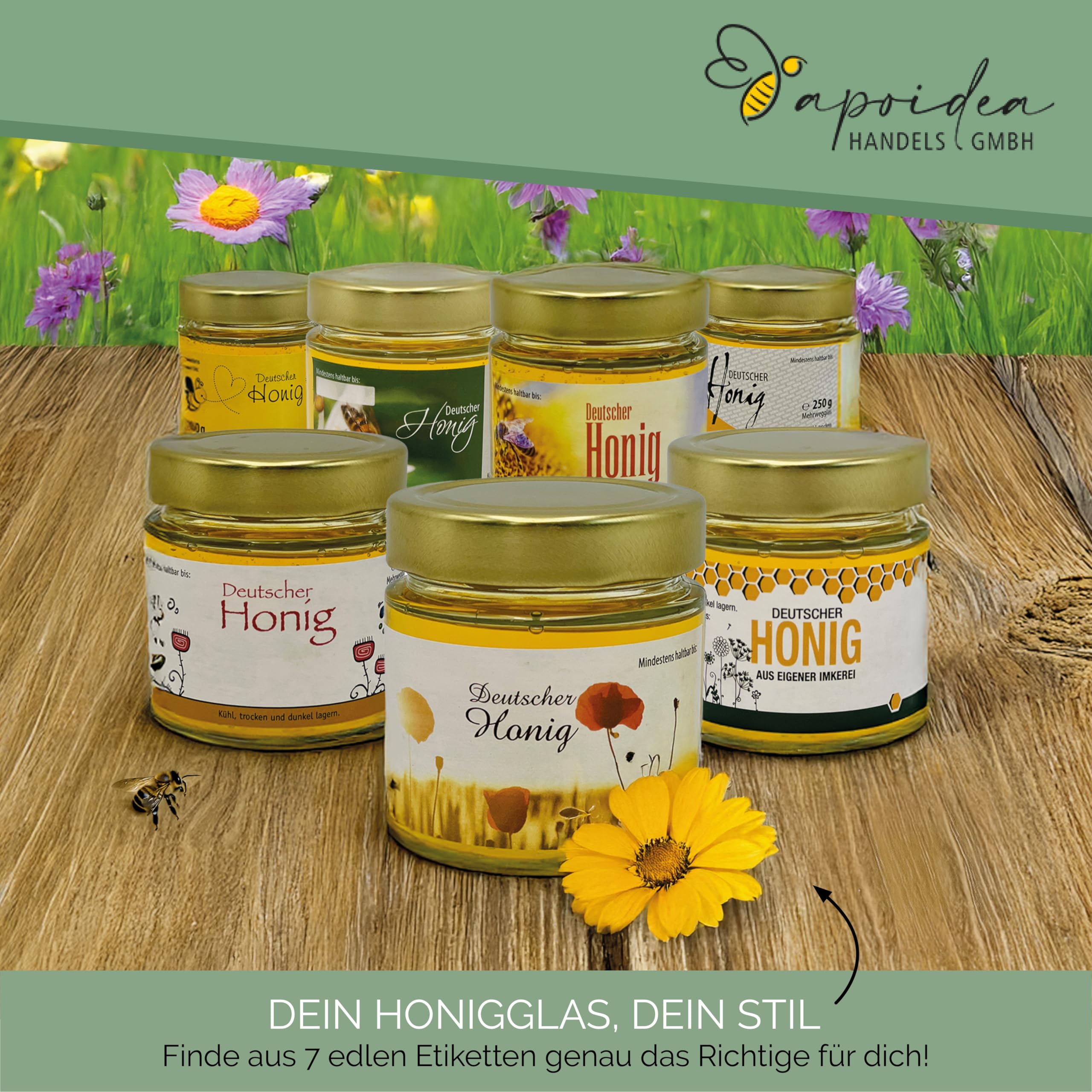 Apoidea – Honig Etiketten 500 g nassklebend – 100 Stück zum Stempeln/Etiketten Honiggläser/Honig Aufkleber für selbstgemachten Honig/Honigetiketten für Honiggläser