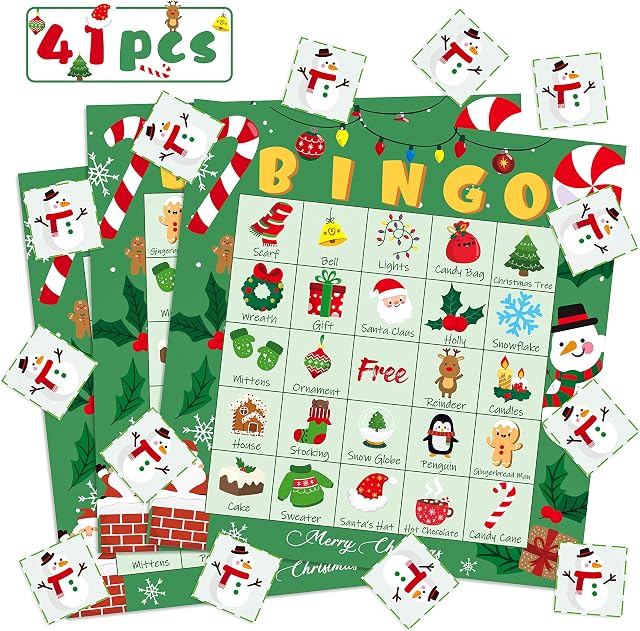 WATINC 41Pcs Christmas Bingo Game for Christmas Party Christmas Bingo Cards Game for Family Kids Toddlers New Year Christmas Party Games Favors for 24 Players