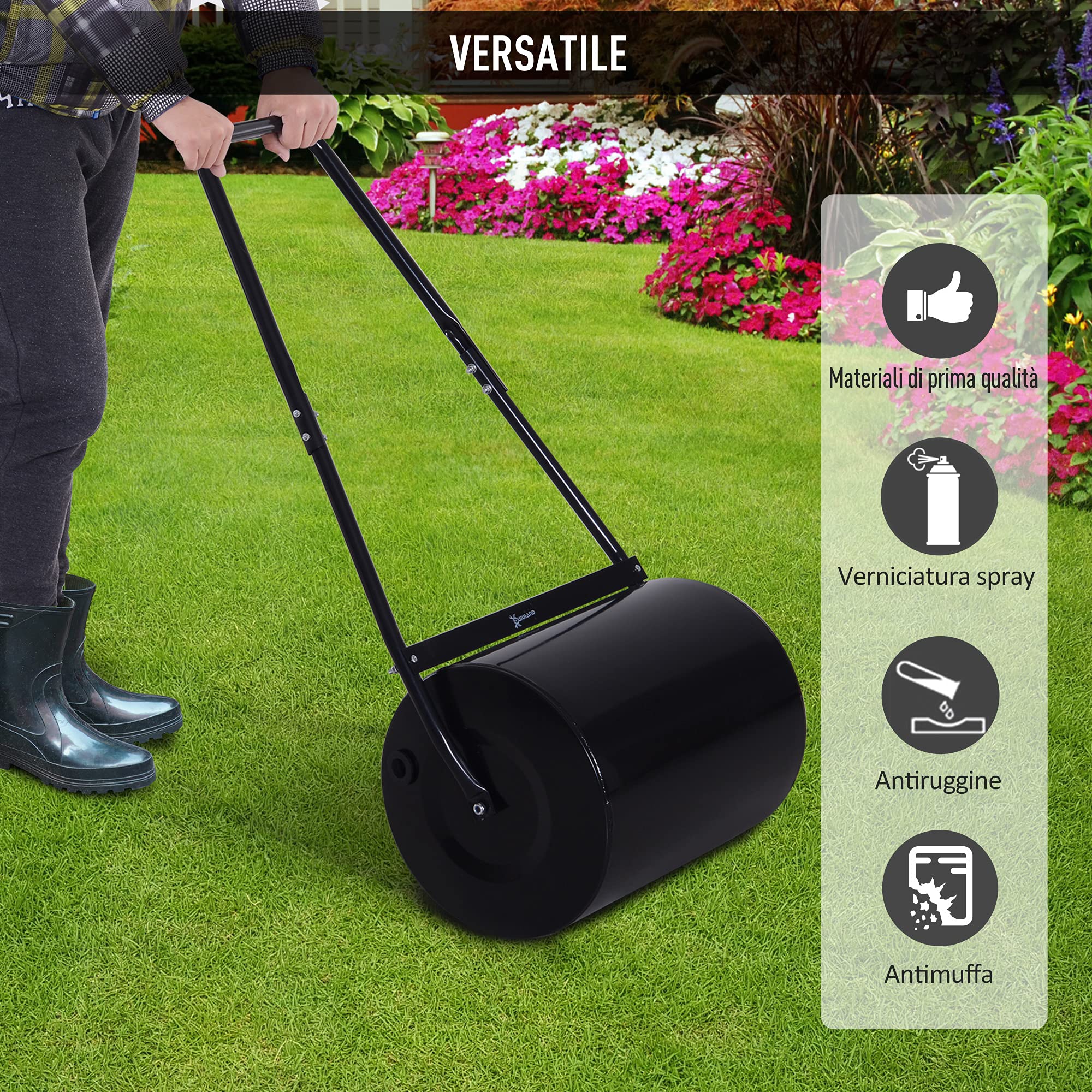 Outsunny Rullo da Giardino in Metallo Impermeabile Nero, Serbatoio Fino 60 Litri (Acqua o Sabbia), 57x40x123cm