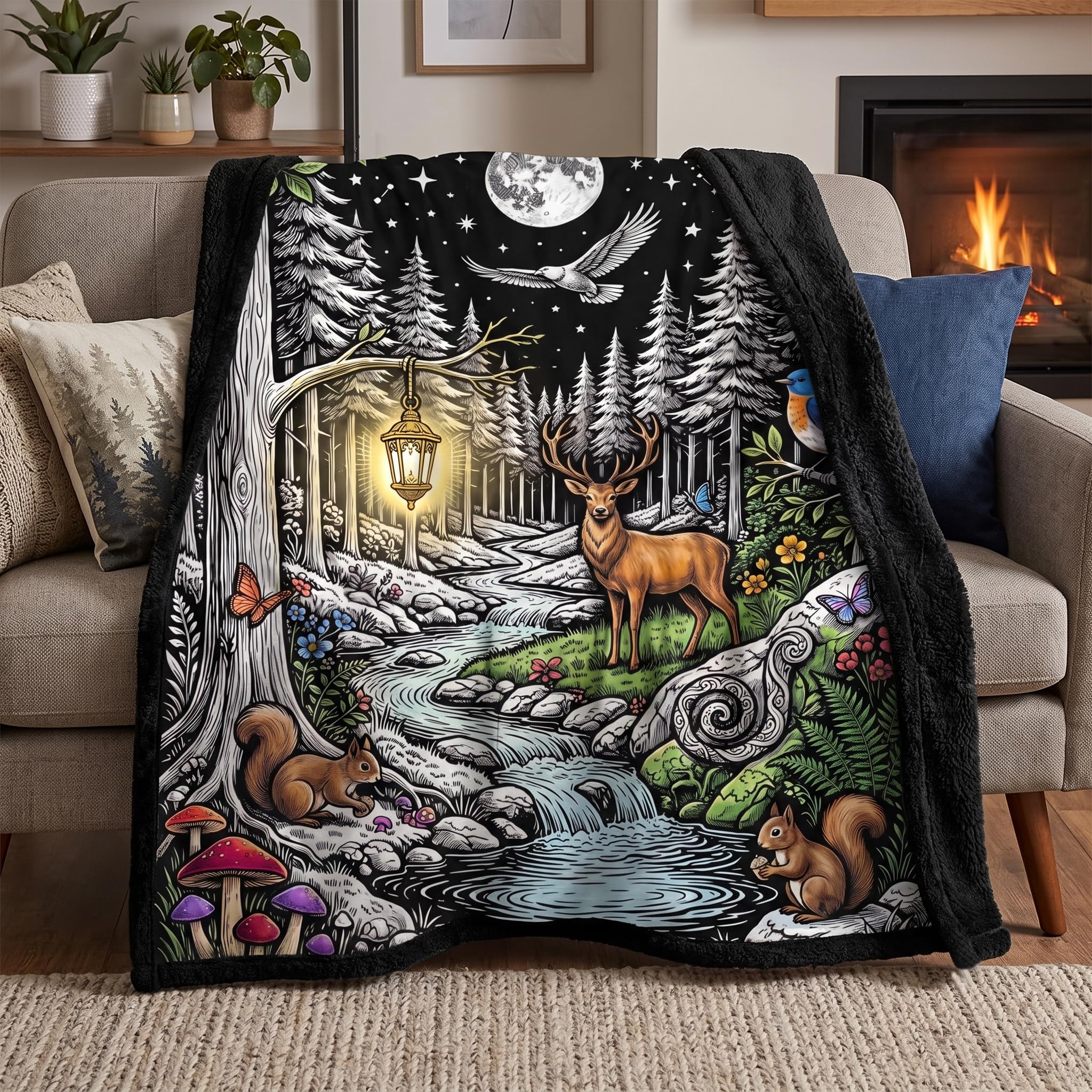 Forest Coloring Blanket with Markers Cozy Doodle Blanket for Kids Adults | Color Your Own Blanket with Markers, DIY Enchanted Forest Owl Deer Full Moon Doodle Throw Blanket with Black Velvet Backing
