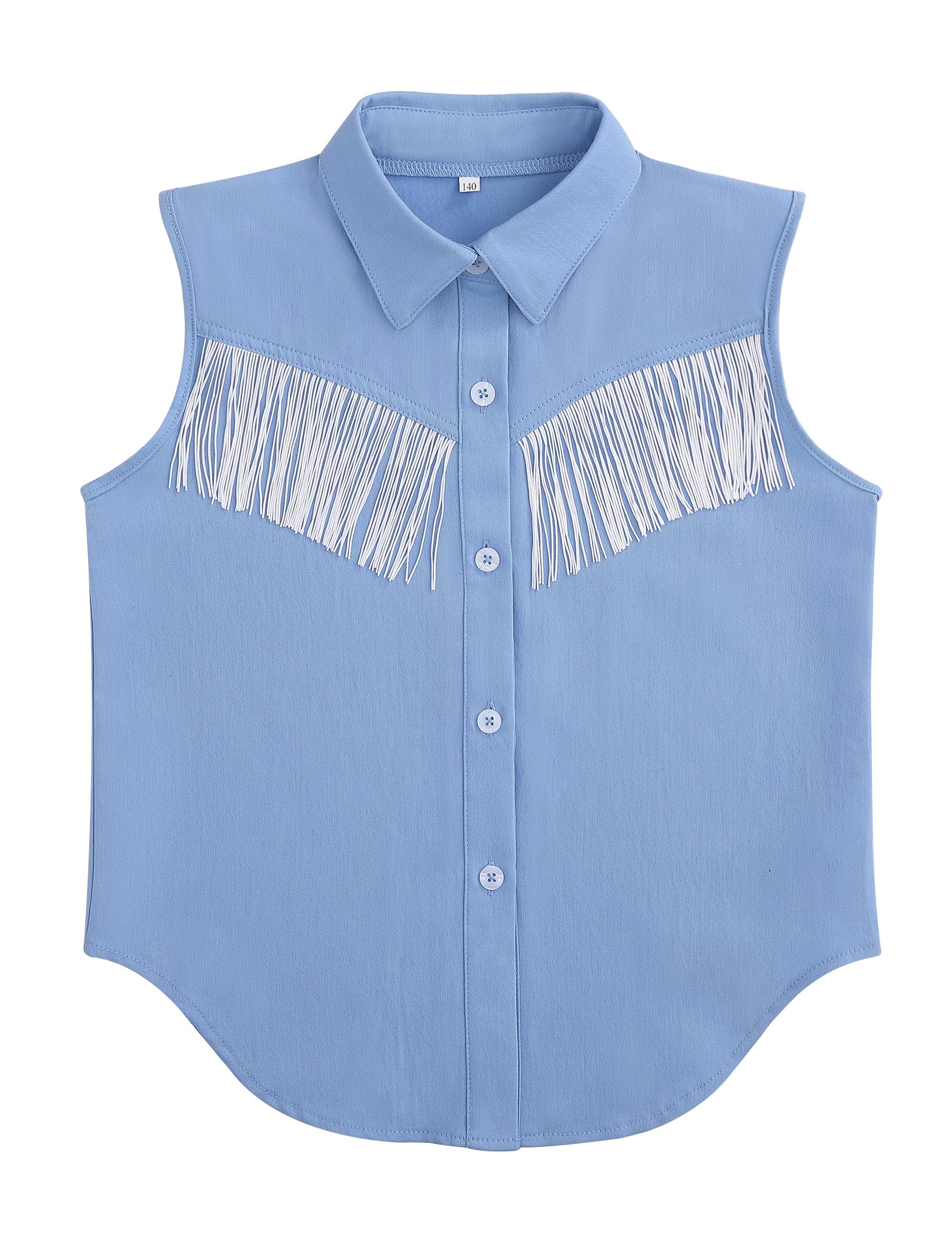 Girls Fringe Shirt Sleeveless Button Down Western Cowgirl Tassel Trim Casual Blouse Shirt Top 4-13Y