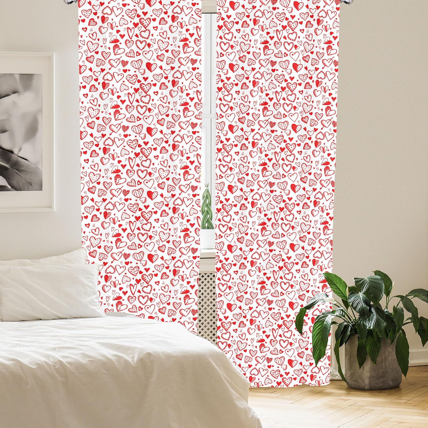 Lunarable Hearts Curtains, Monochrome Valentines Day Inspired Hearts Sketch Drawing Style, Window Treatments 2 Panel Set for Living Room Bedroom, Pair of - 28" x 84", Vermilion White