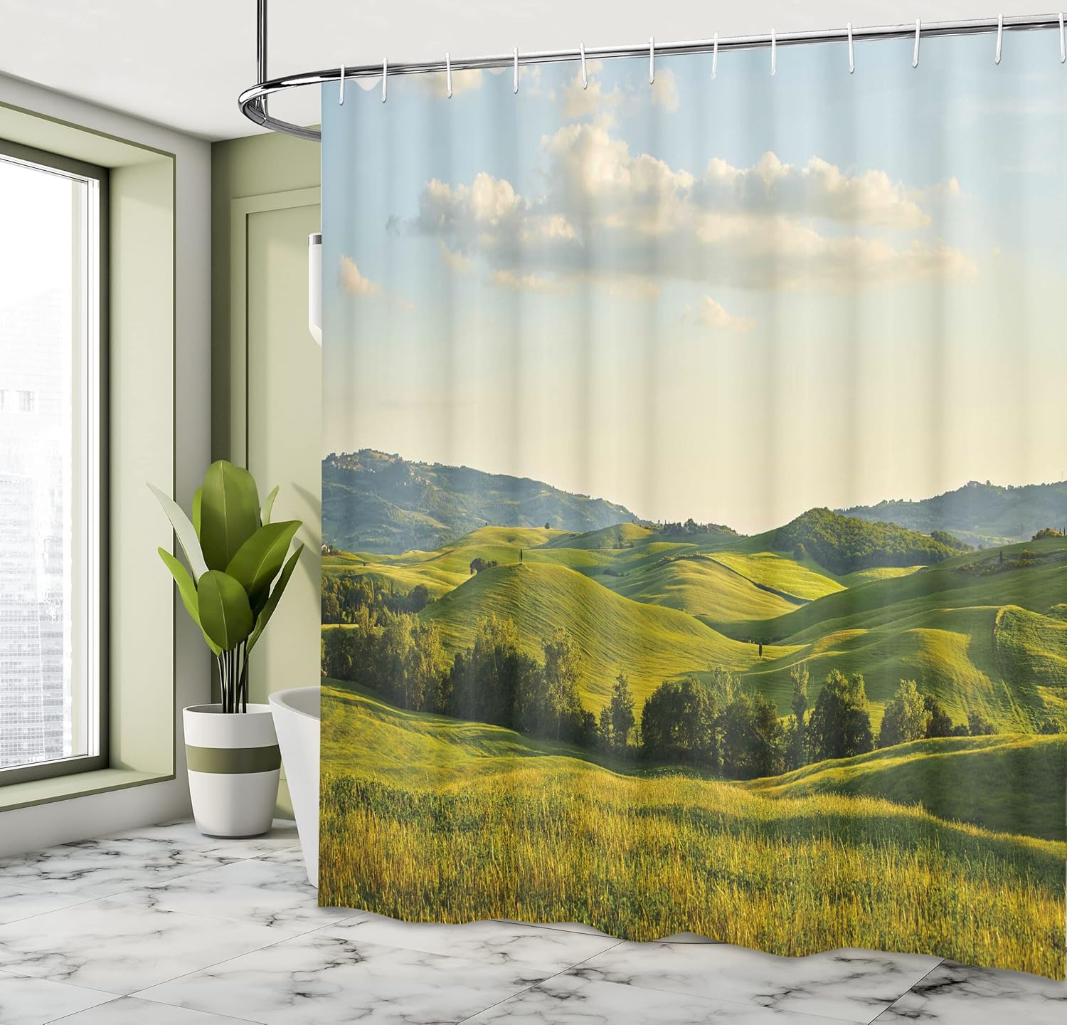 Ambesonne Country Shower Curtain, Tuscany Hills Italy Meadow Greenery Pastoral Rural Scenery Farmland Scenic, Cloth Fabric Bathroom Decor Set with Hooks, 69" W x 70" L, Blue Green