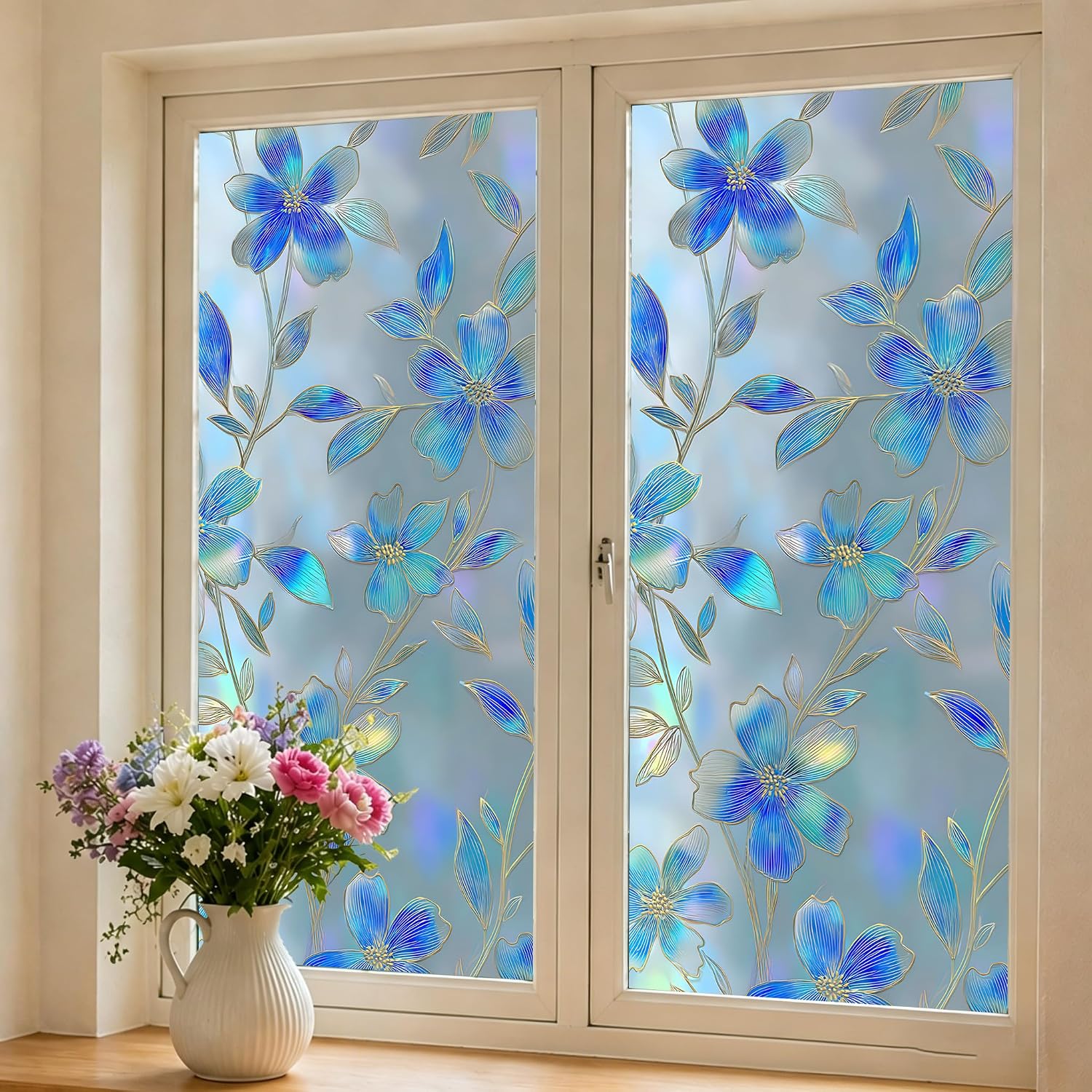 Blue Floral Lineart Window Film, Frosted Privacy Static Cling No Glue Decal, Removable Reusable Repositionable Cuttable Floral Decor for Bathroom Kitchen Sidelight Door Smooth Glass, 17.5" x 39.4"