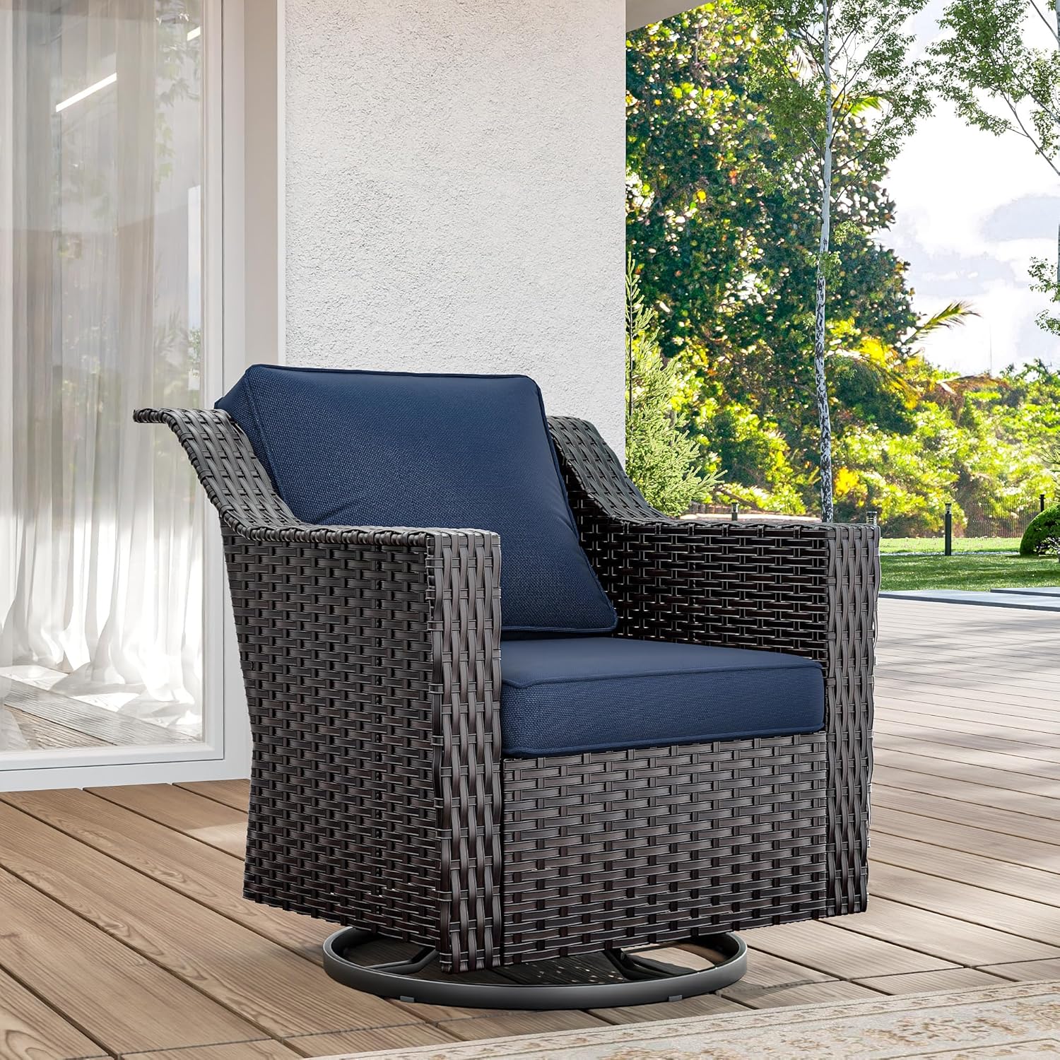 Wicker Patio Swivel Chairs, Outdoor Rocking Chair with Wide Armrest, Thickened Cushions, Patio Rattan Furniture for Deck, Porch Use