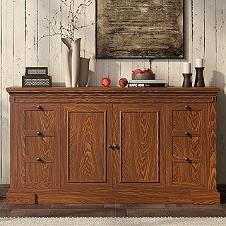 Sideboard Buffet Cabinet with Storage, 63" Large Credenza Kitchen Storage Cabinets with Drawer and Door, Wood Coffee Bar Table with Adjustable Shelf for Living Room, Kitchen, American Retro, Brown