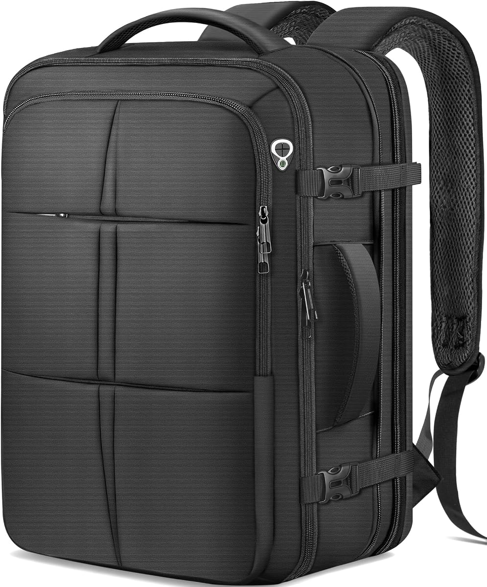 tazbuzo Travel Backpack For Men, Extra Large 50L Flight Approved Carry on Backpack, Expandable Waterproof Business Suitcase Daypack Big Bag Fits 18.4 Inch Laptop, Black