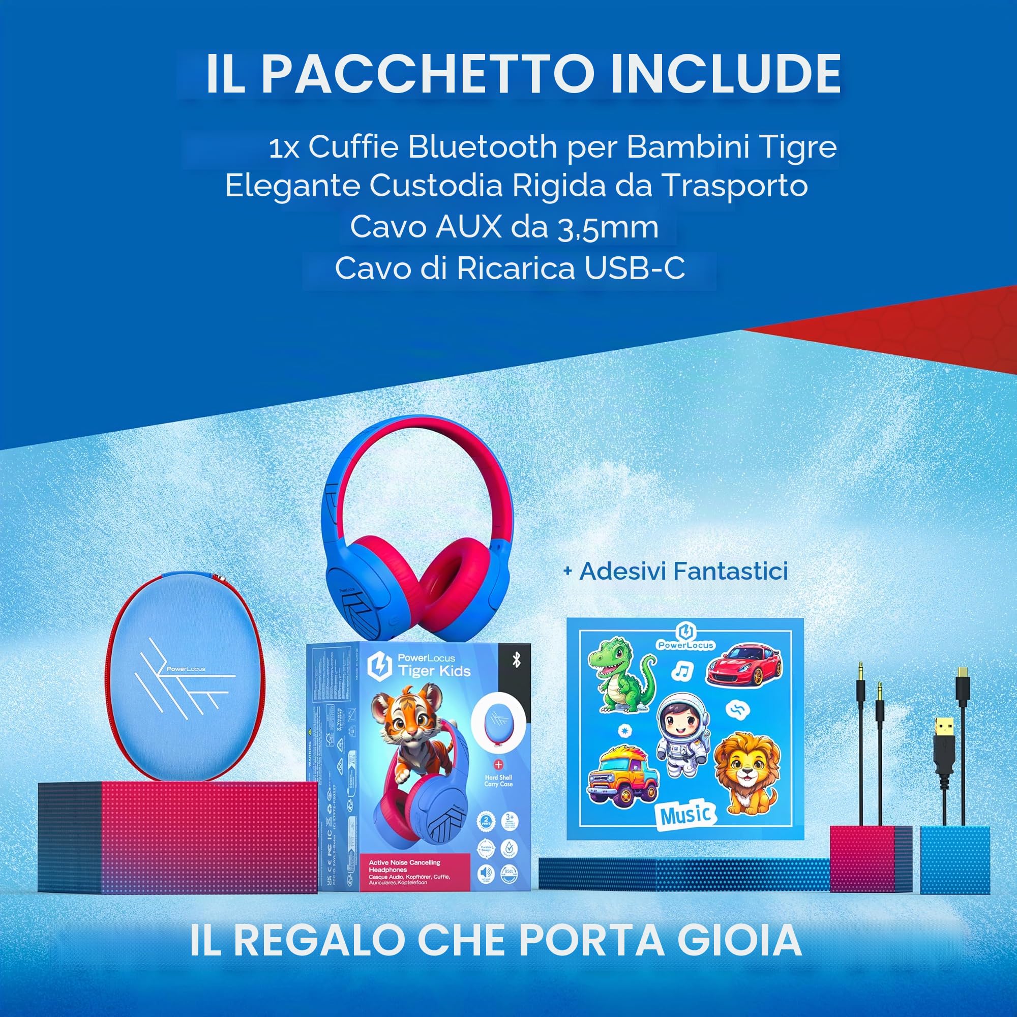 PowerLocus Cuffie Bluetooth per bambini, con cancellazione attiva del rumore, 74/85/94 dB, volume sicuro, pieghevole con tasca in tessuto, tempo di riproduzione 60 H con microfono e Aux per cellulare