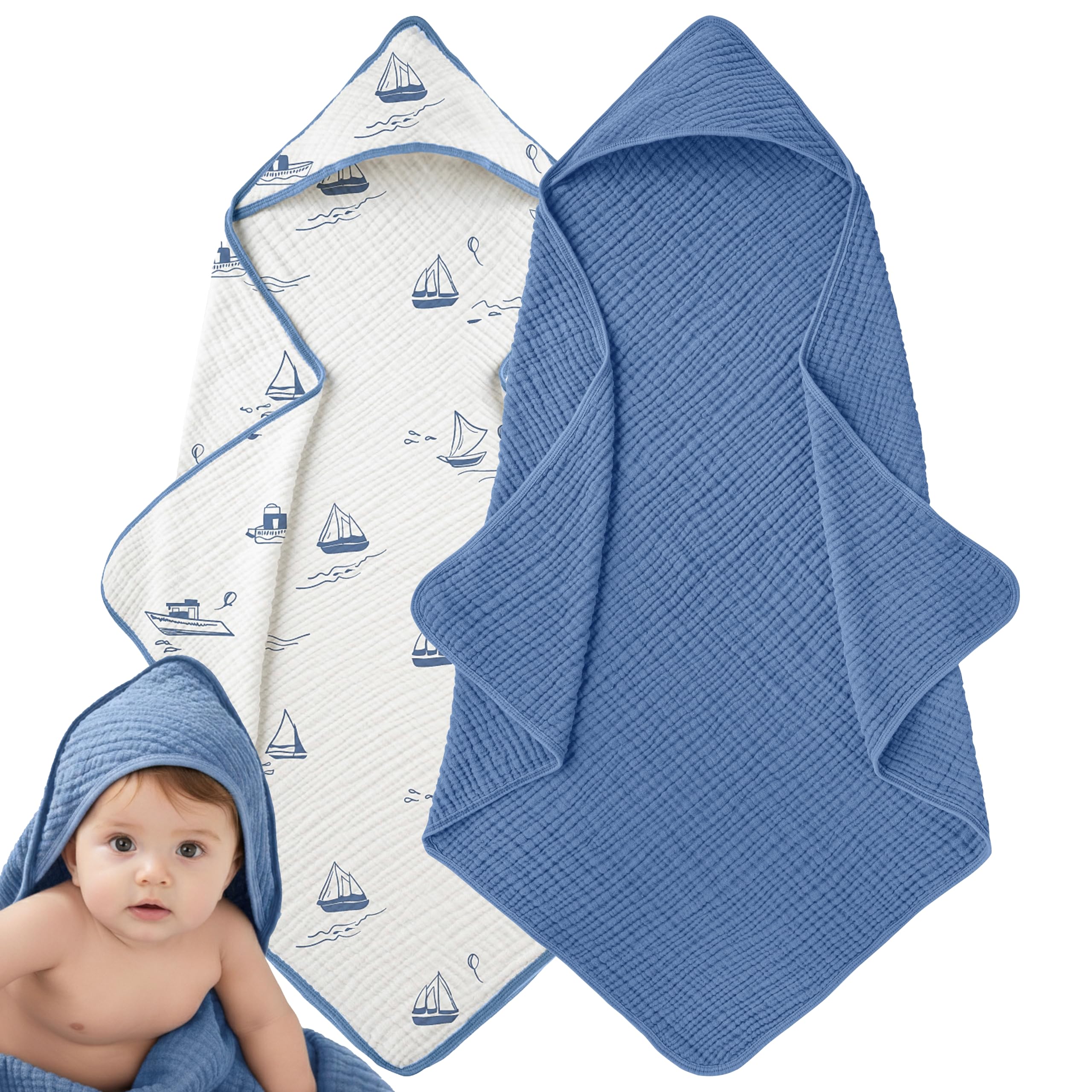 LILY O LAUREL Muslin Hooded Baby Towels for Newborns, 32"x32", 100% Cotton – 6 Layers Super Soft Absorbent Breathable, Baby Bath Towel, Toddler Bath