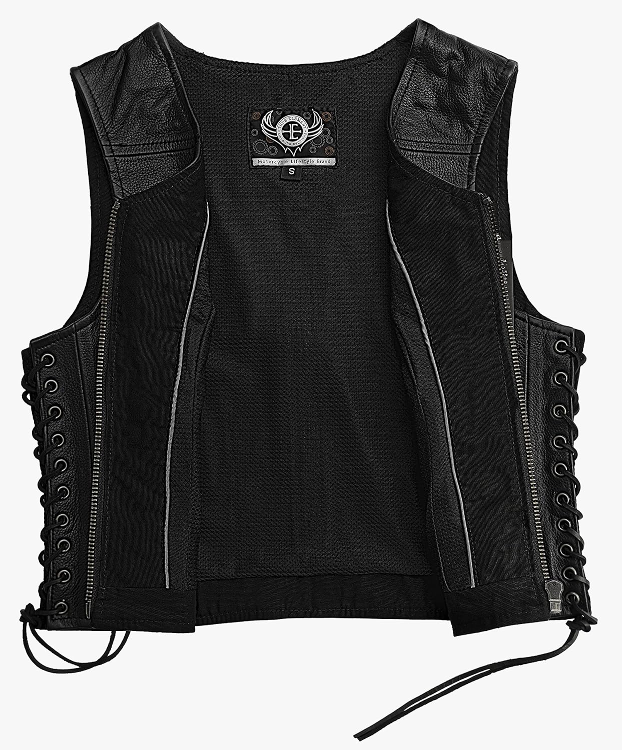 True Element Women's Fitted Side Laced Motorcycle Leather Vest with Zip Front Closure (Black, XS-3XLarge)