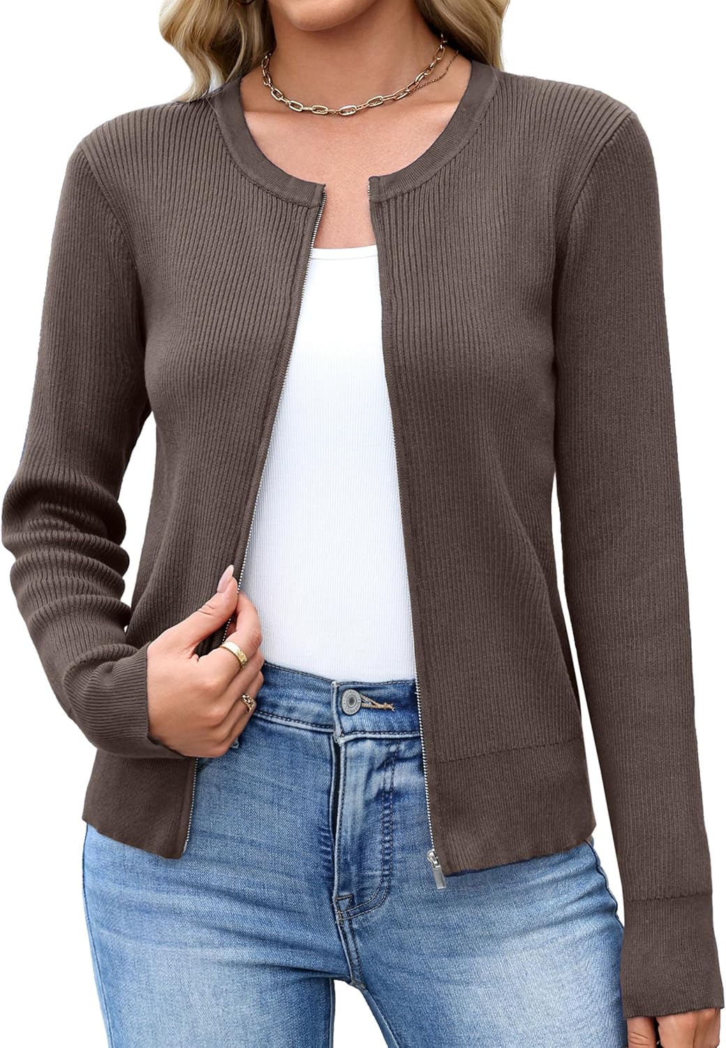 Totatuit Womens Long Sleeve Zip Up Sweater Cardigans Knitted Lightweight Zipper Jacket