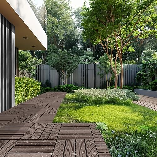 VEVOR Interlocking Deck Tiles Plastic Wood, 27 Pack,12"x12" 27 sq. ft Waterproof Outdoor Flooring All Weather Use, Patio Floor Decking Covering Tiles for Porch Poolside Balcony Backyard, Dark Brown - 8
