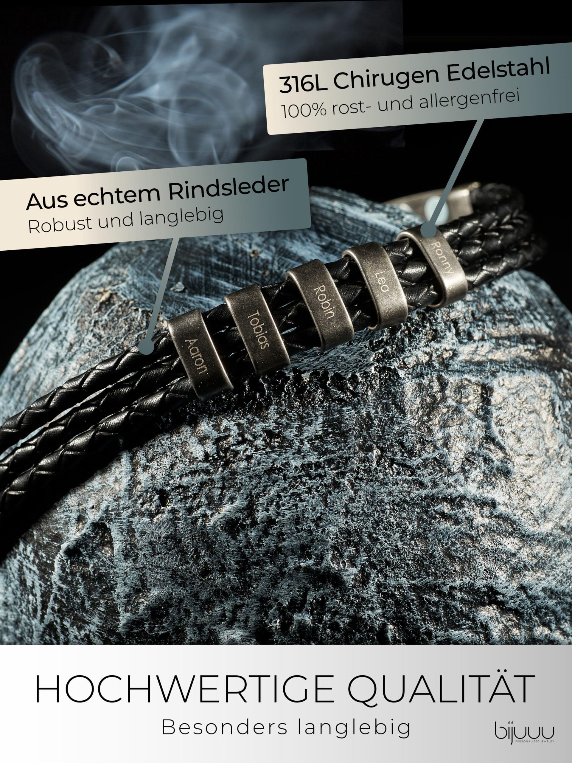 bijuuu Geflochtenes Lederarmband Herren – Echtleder Armband mit Namen – Flechtarmband aus Leder inklusive Gravur – Namensarmband personalisiert aus Rindsleder