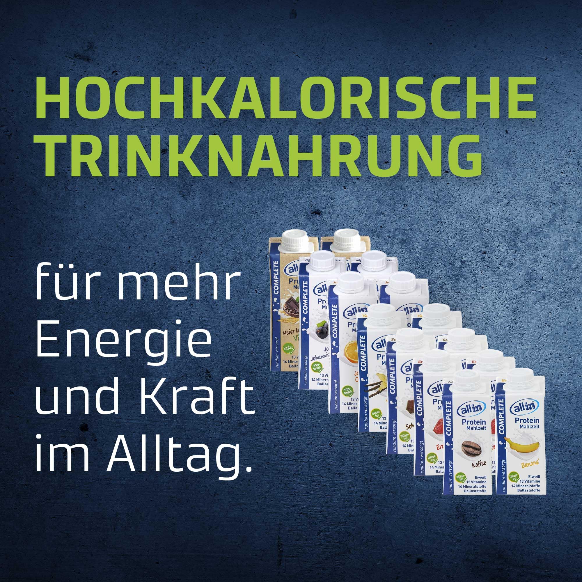 all in® COMPLETE Drink | 8 Sorten: Vanille, Kaffee, Schokolade, Erdebeere, Banane, Joghurt Orange, Johannisbeere & Hafer Kakao | hochkalorische Trinknahrung | 14 x 200/ 250ml