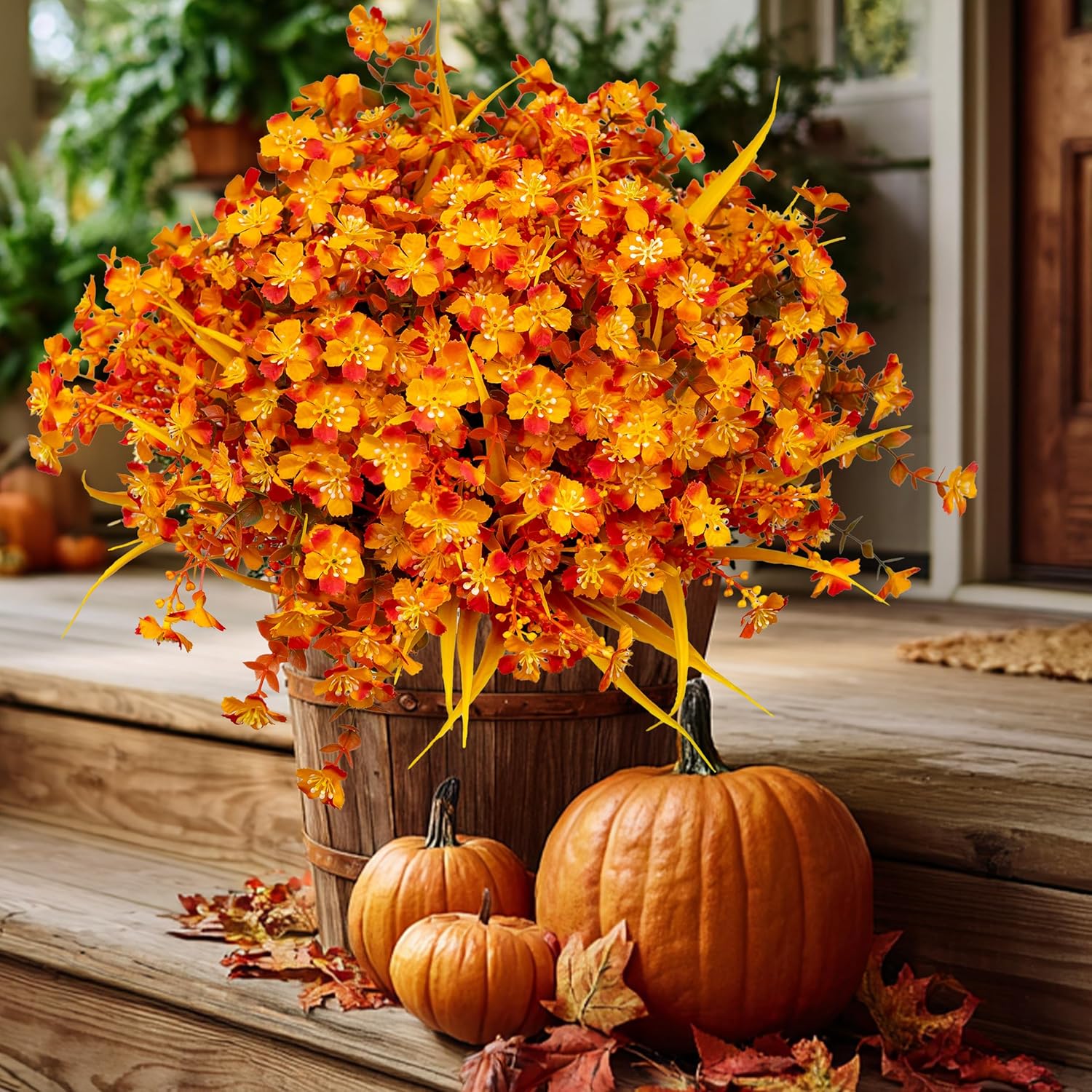 Artificial Mums for Outdoor Fall Flowers - Fake Plants UV Resistant No Fade Faux Plastic Home Decor Garden Porch Patio (1, OrangeMixed) - Image 3