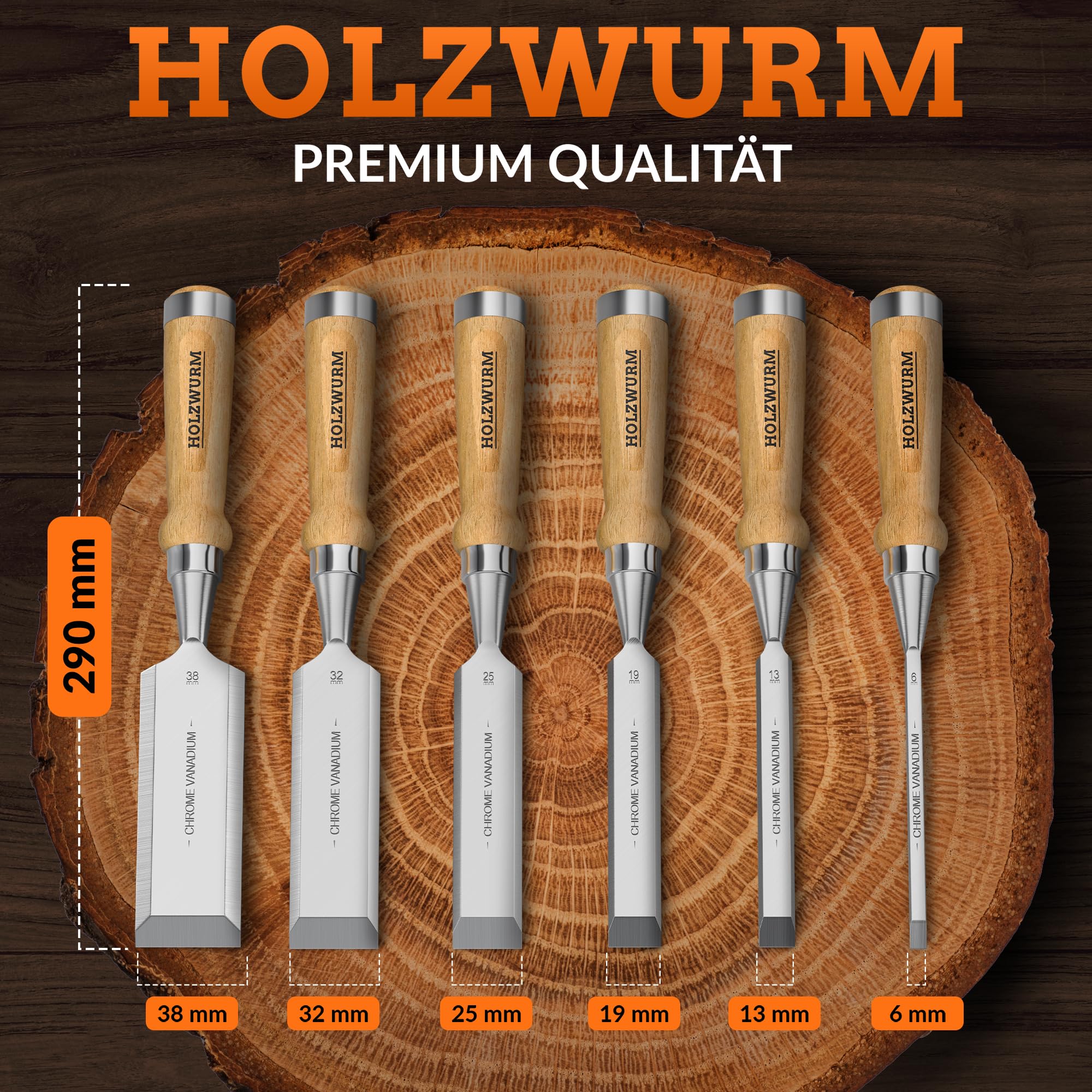 HOLZWURM Profi Stechbeitel-Satz für Holz, Stemmeisen-Set mit Schleifstein, 6 Meißel, Anleitung zum Schärfen und Holz-Koffer