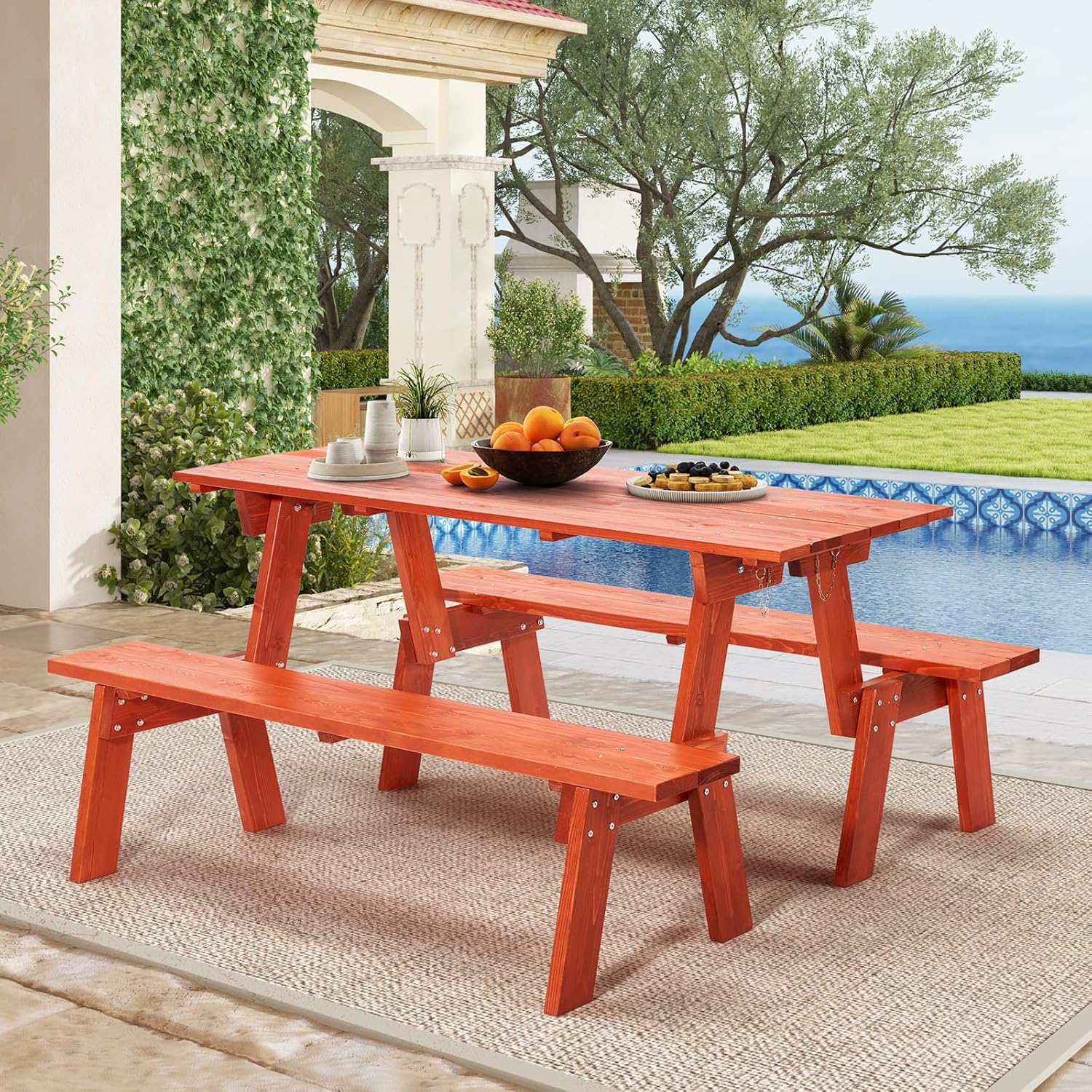 AVAWING 2 Piece Outdoor Convertible Bench, 2-in-1 Transforming Picnic Table Set, Wooden Garden Bench for Backyard, Porch, Patio, Tangerine