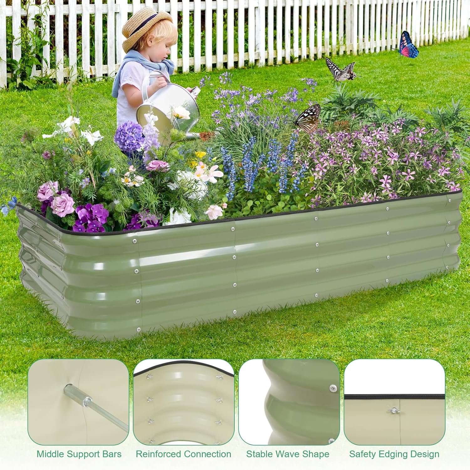 1MORE Raised Garden Bed -5X3X1 Galvanized Planter Box for Outdoor Gardening,4 in 1 Modular Raised Bed Kit with Protective Tape, Gloves for Herb,Ideal for Vegetables and Plants.Green-1Pcak