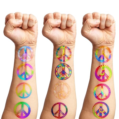 Miniatura 7 de 100 piezas de tatuajes temporales hippie de paz y amor, decoración de fiesta de cumpleaños, suministros de decoración, letrero de la paz teñido