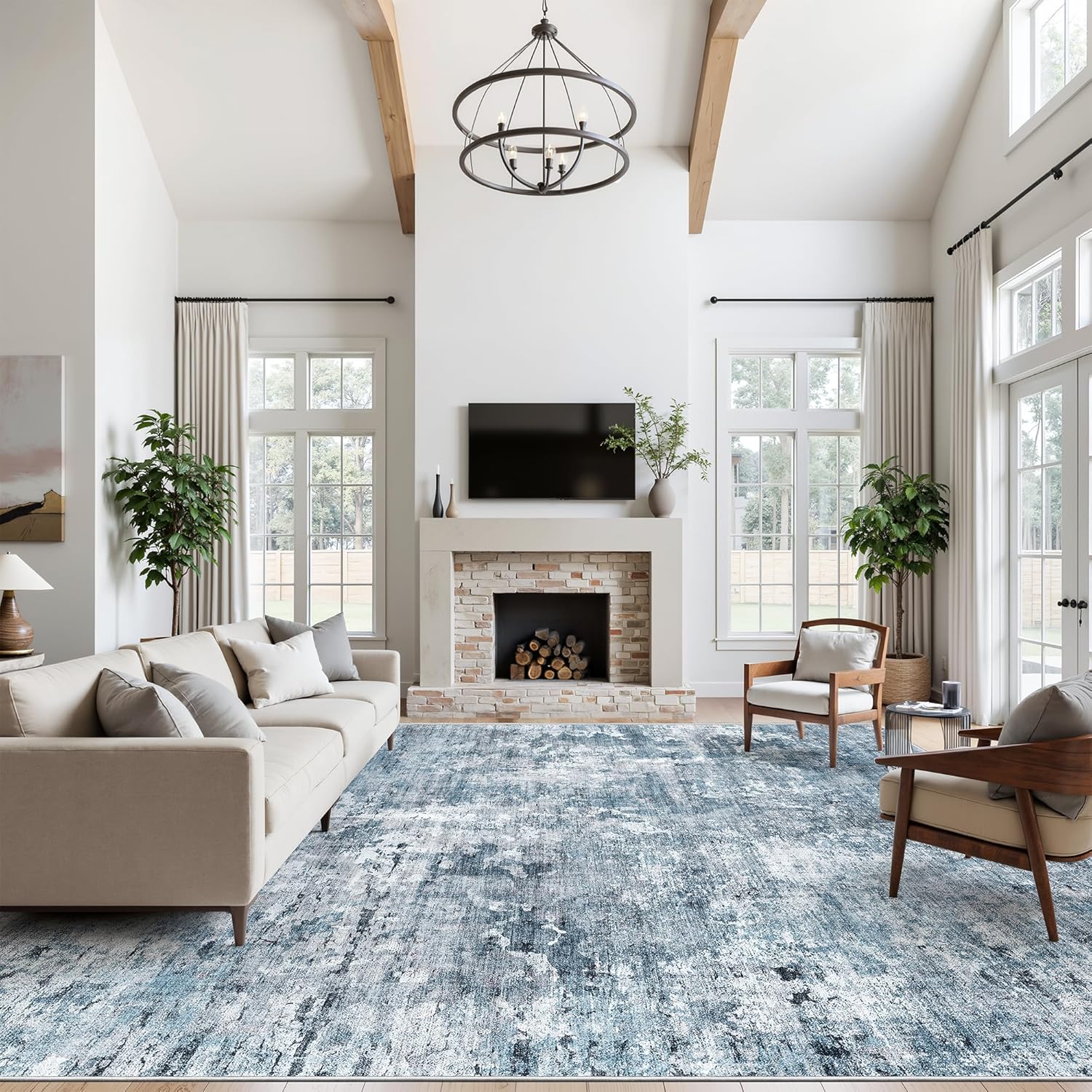 10x14 Area Rugs for Living Room, Non Slip Machine Washable Vintage Rugs, Low Pile Lightweight Large Rug for Bedroom, Dining Room, Home Office Blue