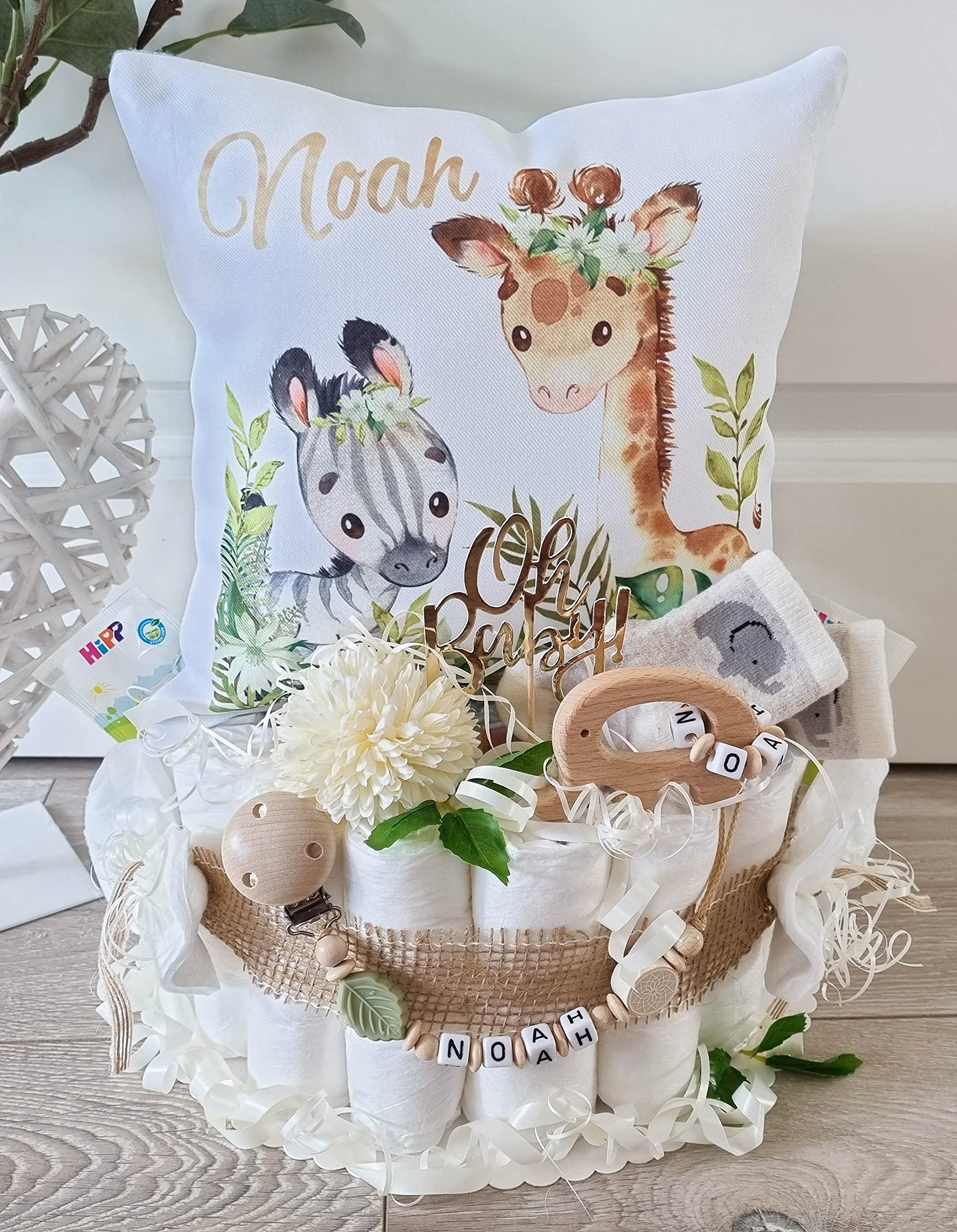 Windeltorte mit Name - Kuschelkissen Giraffe Zebra I Geschenk, Babyparty, Geburt oder Taufe + auf Wunsch, gratis Grußkärtchen
