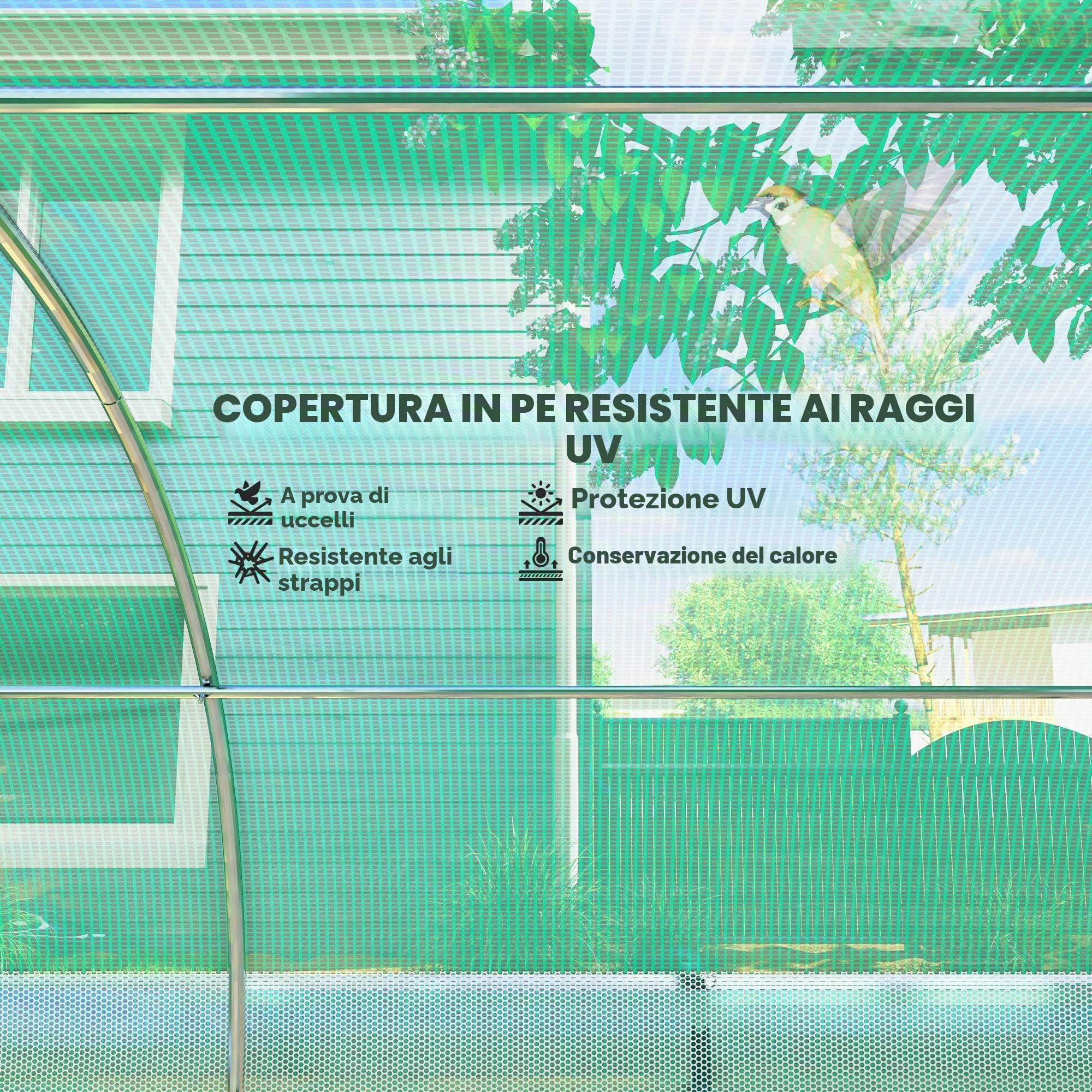 Outsunny Serra esterna 4,5x2x2m con copertura extra Tunnel Verde | Pareti laterali arrotolabili, 8 finestre a rete, doppia porta arrotolabile, per giardino patio