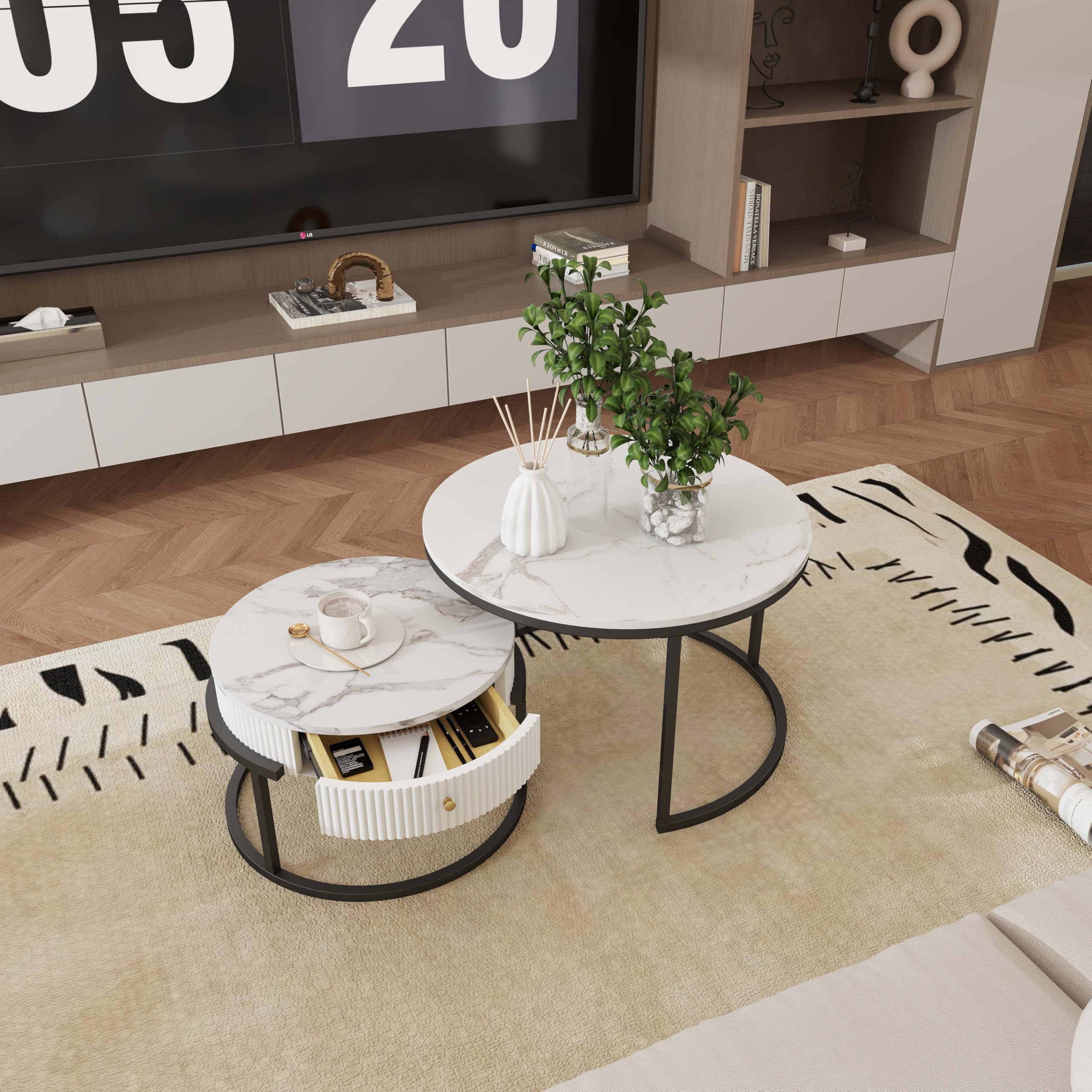 Tavolino da Divano, Tavolino Salotto Moderno Rotondo a cornice nera set di 2 pezzi, Tavolo Bianco con effetto marmo e cassetto