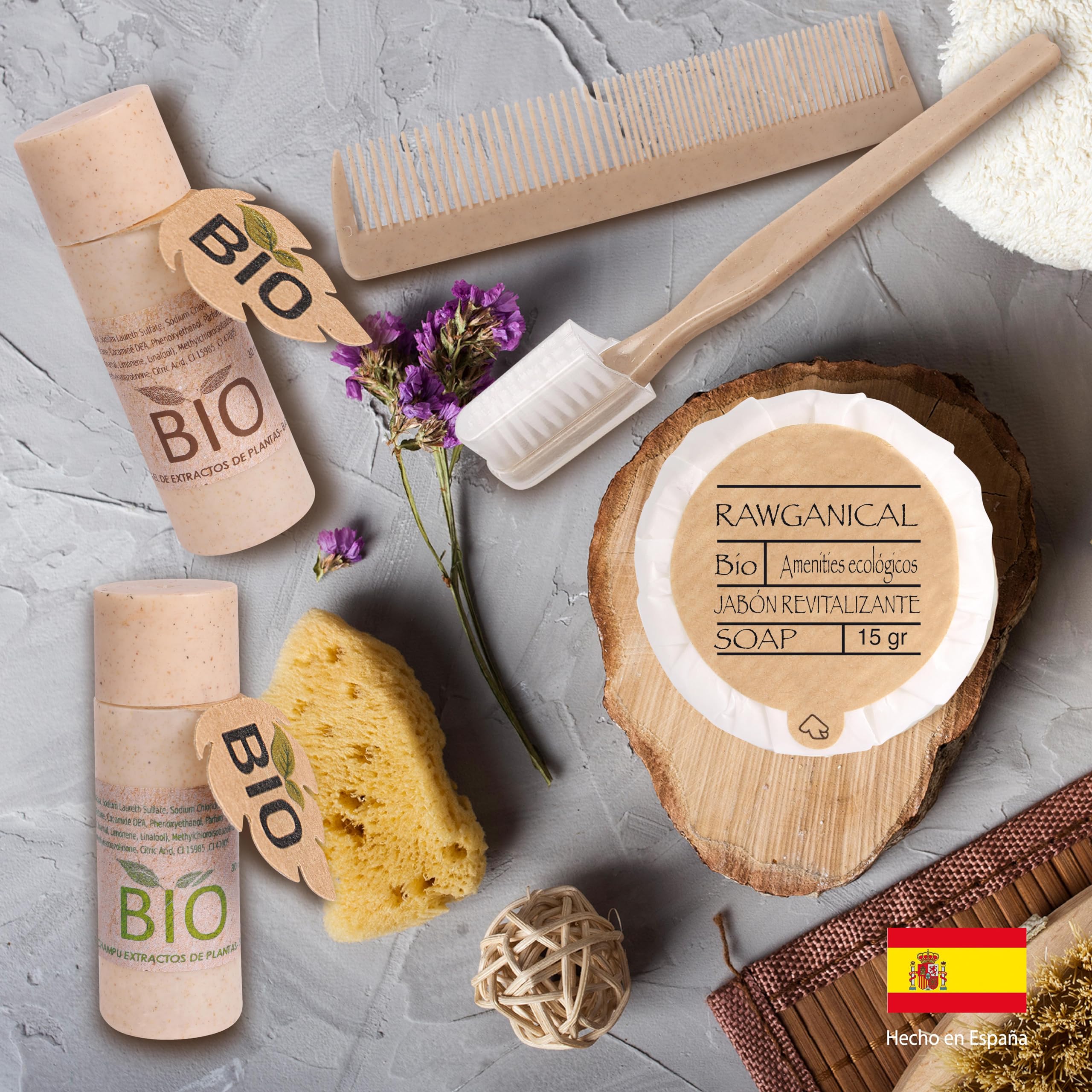 50 sets de higiene completos en caja Bio. Welcome pack para alojamientos turísticos 5 piezas | 100% ecológico | Amenities de bienvenida para hoteles y estructuras turísticas