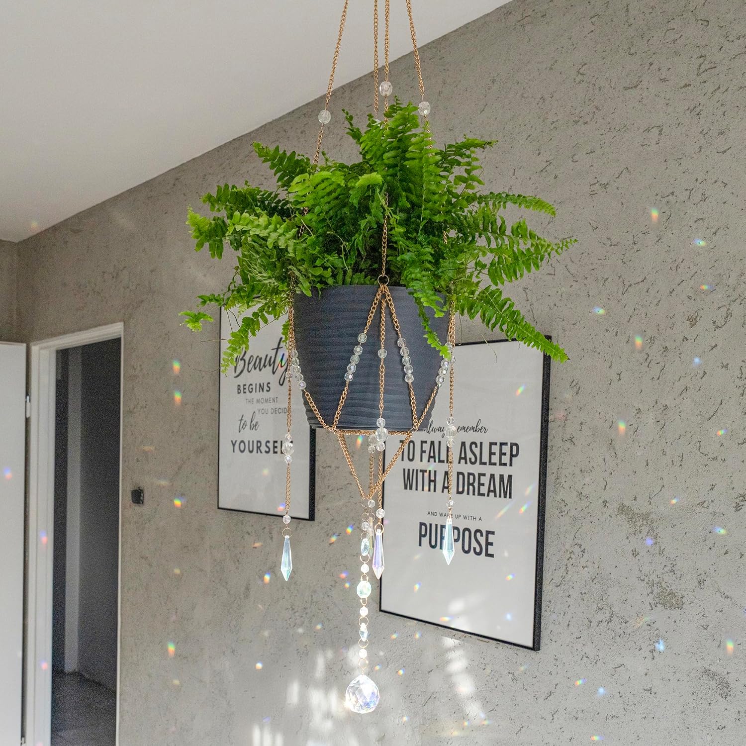 Sun Catcher Plant Hanger with Beads and Glass Crystal Ball Suncatcher. Large Beaded Plant Hanger. Plant Accessories for Indoor Plants. Home Decor for Plant Lovers. (Pots/Plants Not Included)