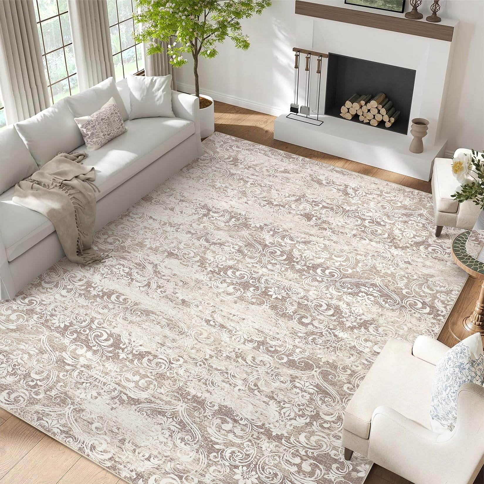 6x9 Neutral Area Rug Washable, Soft Vintage Damask Distressed Large Area Rugs for Living Room Bedroom Dining Room, Boho Abstract Low Pile Indoor Floor