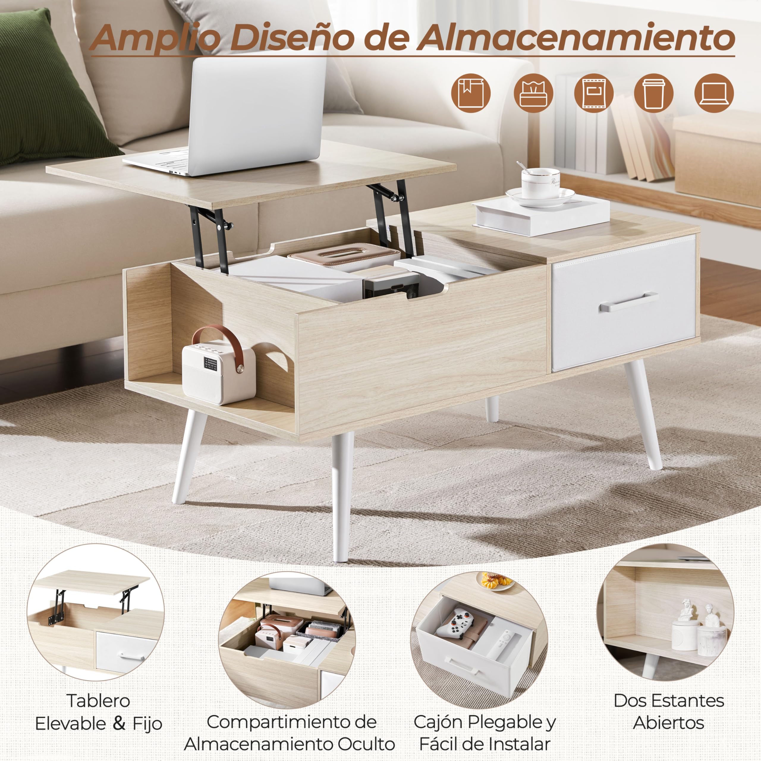 Yaheetech Mesa de Centro Elevable 100x50x45-59cm con Almacenamiento | Lateral y Oculto,Equipada de 1 Cajón y Patas de Madera para Salón y Cocina