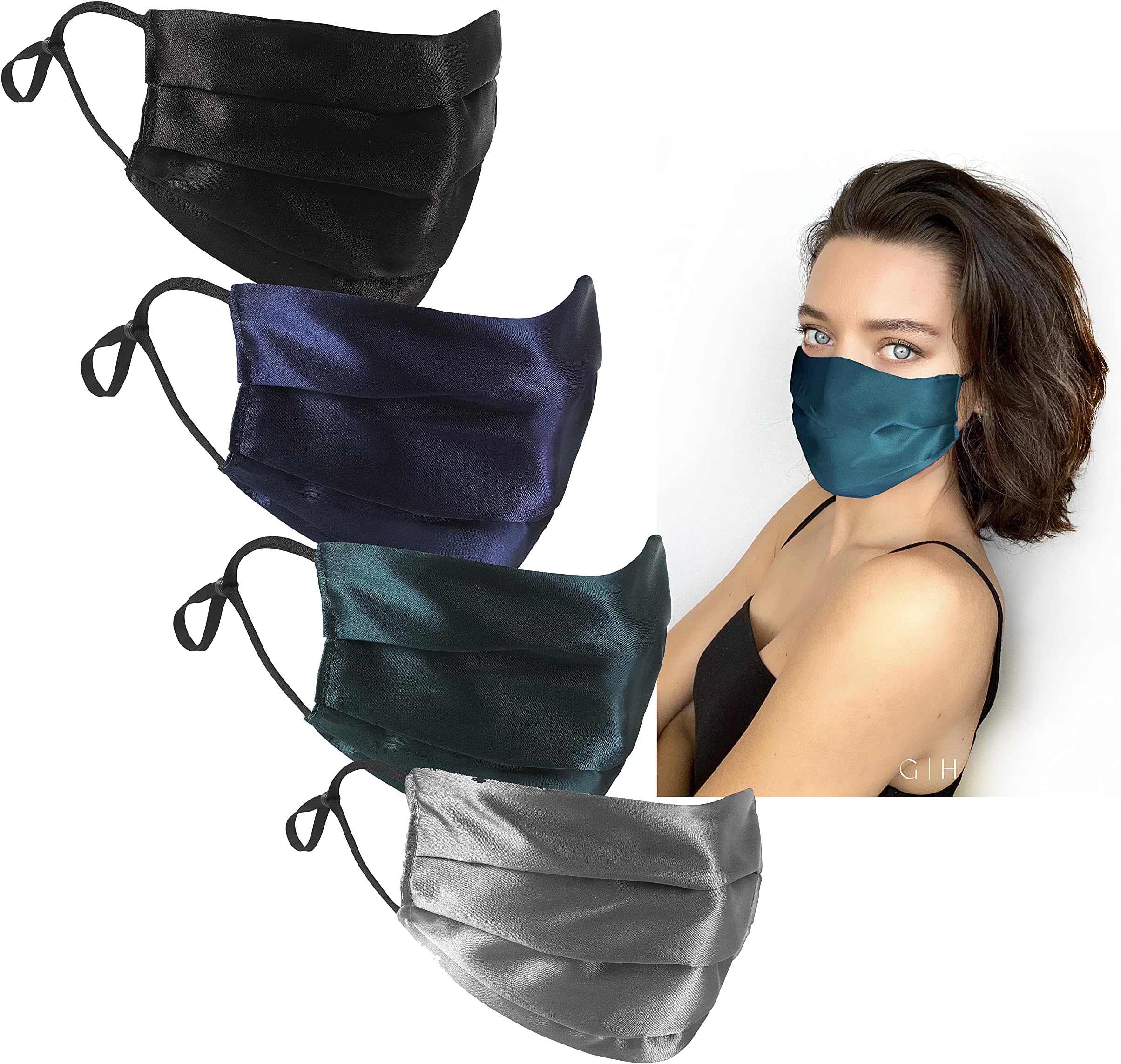 4pcs Silk Satin Face Mask Sensitive Skin Handmade in UK Double Layered With Adjustable Straps Washable Reusable UK