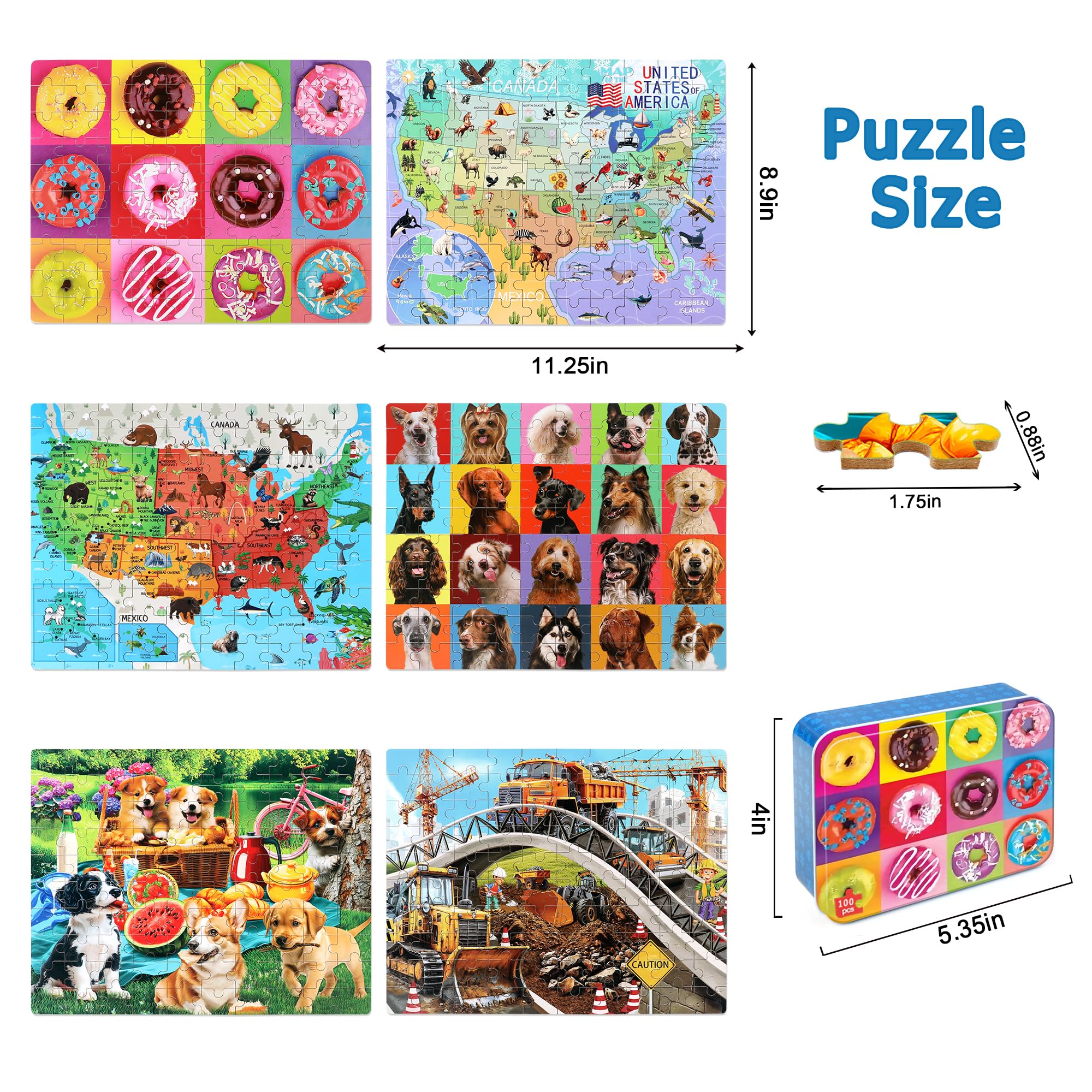 LELEMON Puzzle für Kinder von 4 bis 6 Jahren, 100 Teile für Kinder von 4 bis 8 Jahren in einer Metallbox, Lernpuzzle für Mädchen und Jungen
