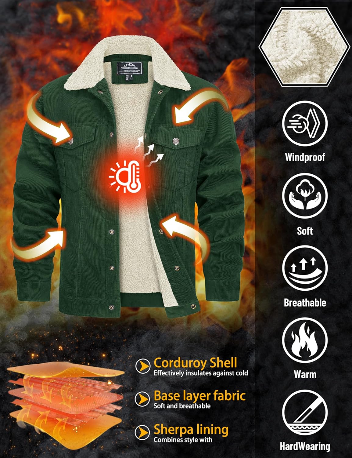TACVASEN Men's Corduroy Jacket Fleece Sherpa Lined Winter Coats Warm Cotton Casual Trucker Cargo Jacket with Multi Pockets - Image 4