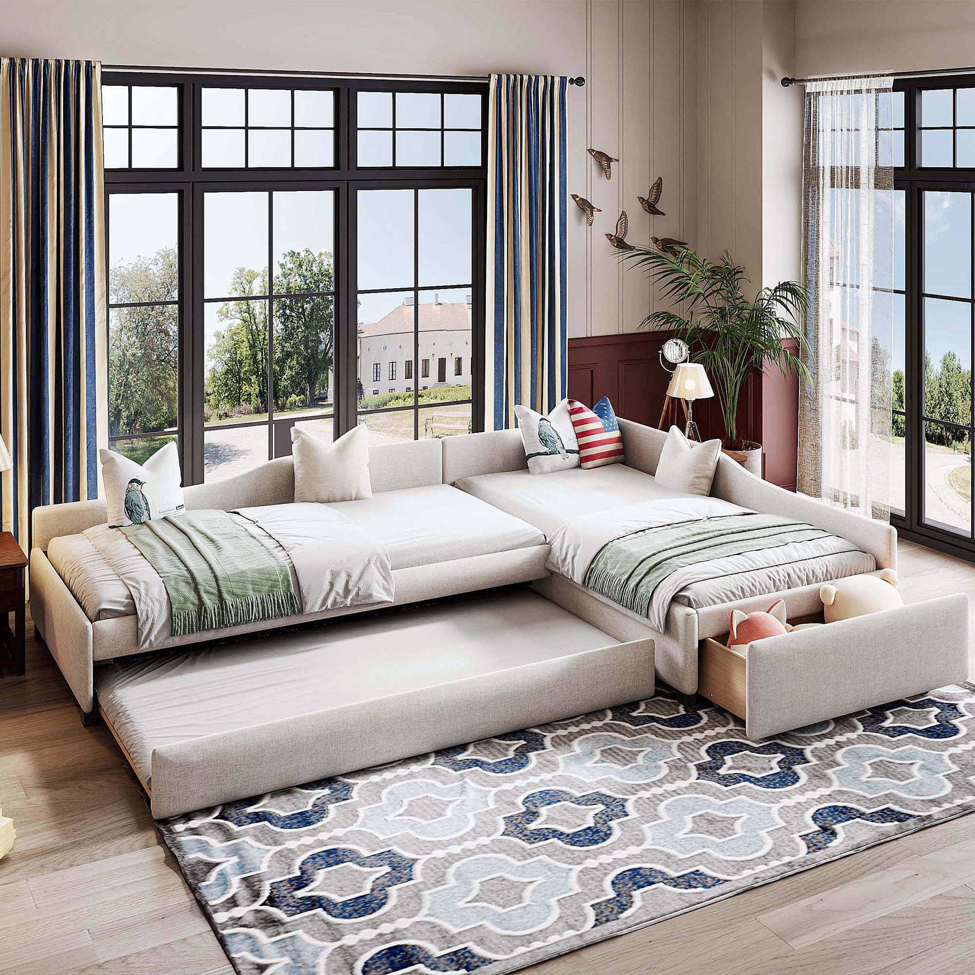 MaiDeHaoo Twin Size L-Shaped Platform Bed with Trundle, Upholstered Daybed with Storage Drawers, 3 Beds in 1 Design - Beige