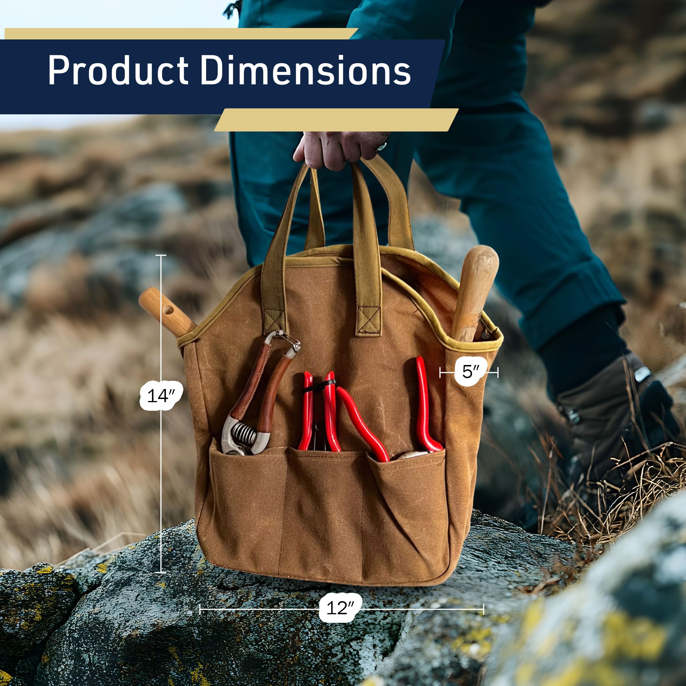 Bolsa de herramientas de jardín – Bolsa de lona encerada resistente de 12 x 14 pulgadas con 6 bolsillos interiores y 3 exteriores para organizar herramientas de jardinería – Regalos de jardinería para