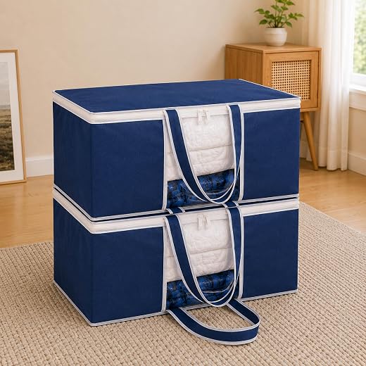 HomeStrap Set Of 2 Non Woven Underbed Storage Organizer/Blanket Cover Bag With Transparent Window And Front Handle For Qui...