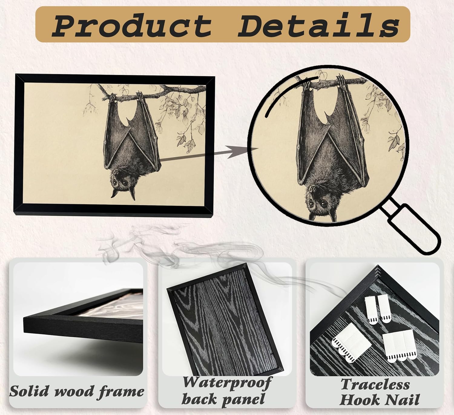 Framed Vintage Bat Sketch Wall Art, Gothic Halloween Bats Canvas Print Poster, Dark Academia Decor for Living Room Bedroom, Animal Aesthetic Home Decoration, image 3