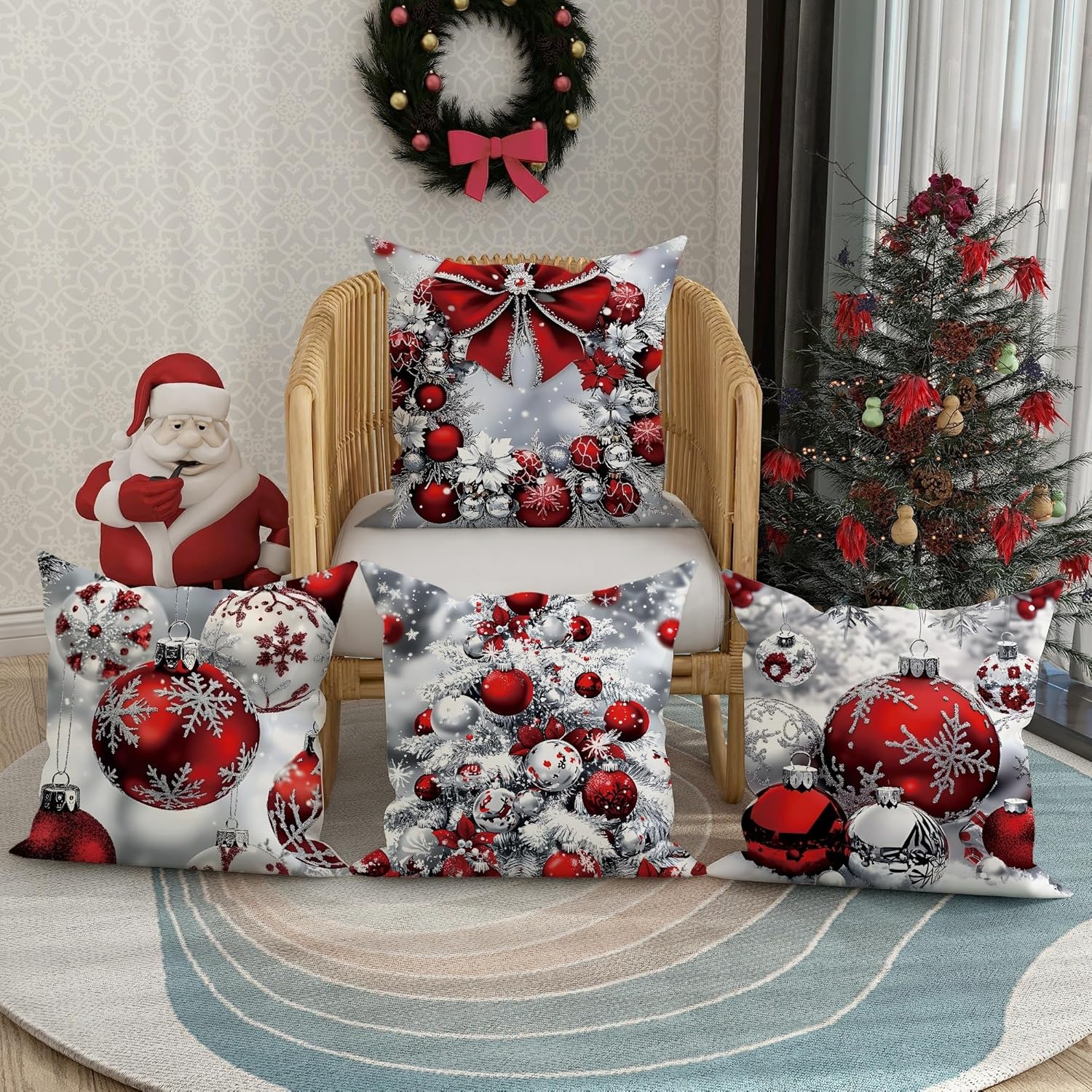 Christmas Throw Pillow Covers Set of 4, Red and Silver Holiday Decorative Cushion Cases for Home Sofa Bed Couch, Festive Winter Farmhouse Decor 22x22 Inch
