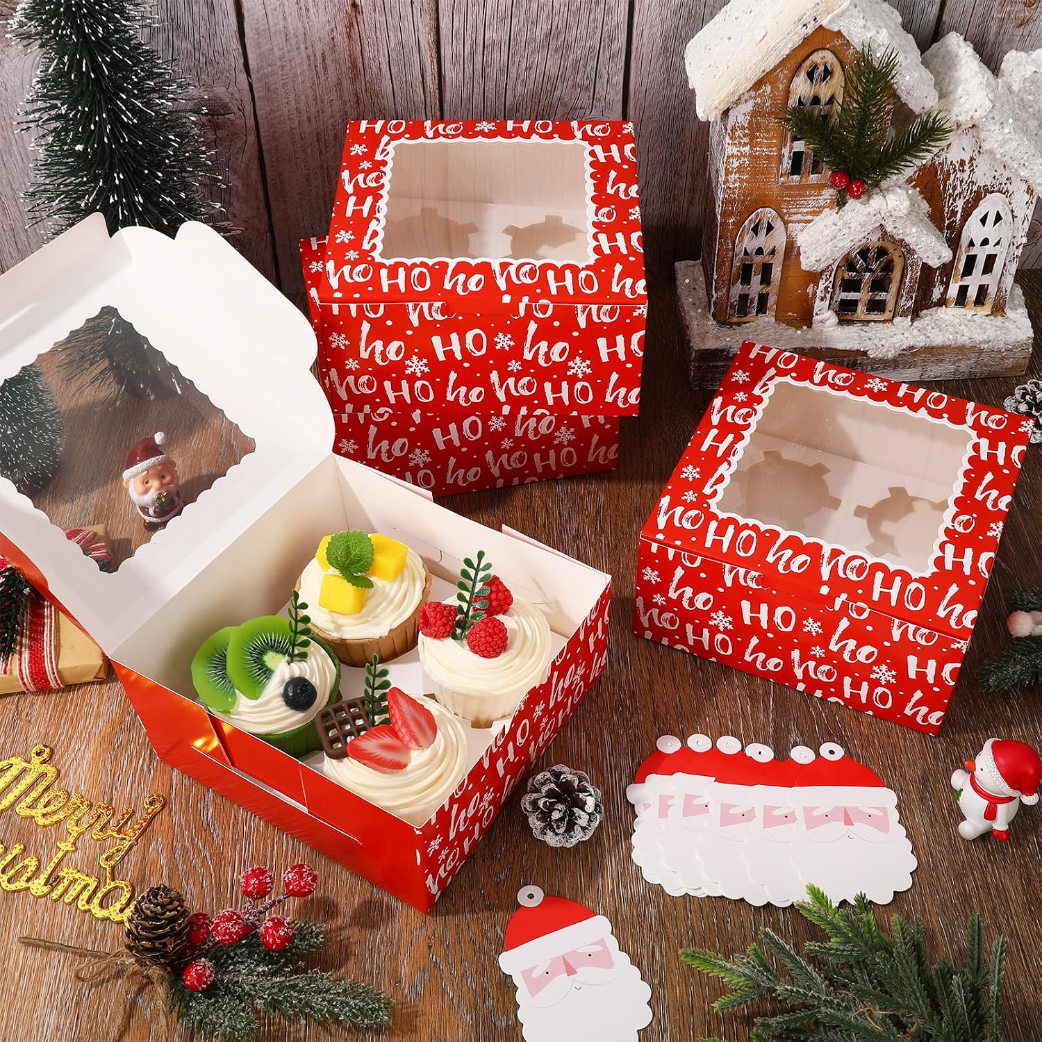 JarThenaAMCS 30 Pack Christmas Cupcake Boxes Red White Santa Claus Cupcake Carrier Xmas Window Cookie Gift Box for Winter Christmas Holiday Food Container
