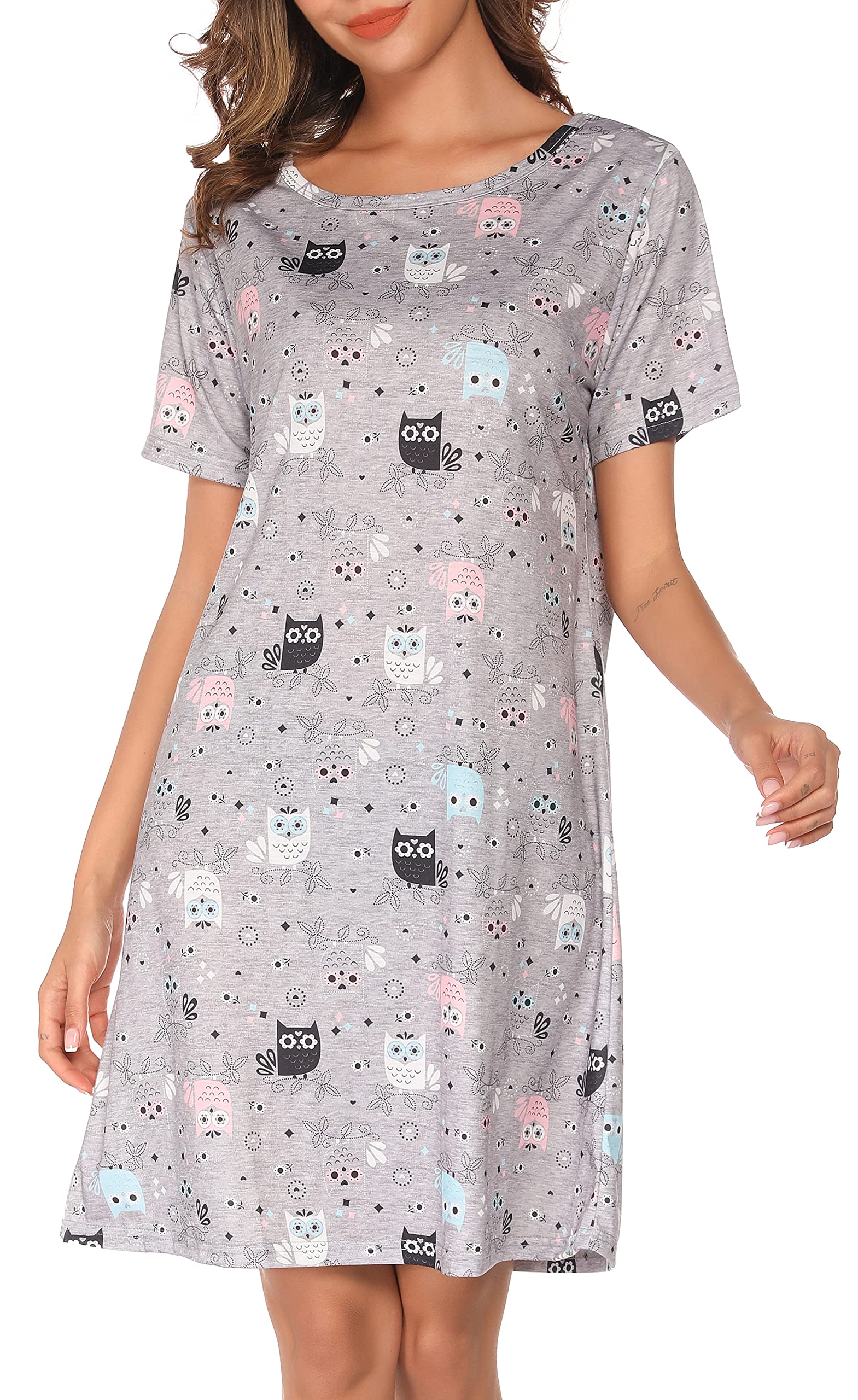 Vlazom Camisón Señoras Camisa de Manga Corta para Dormir Camisa de Verano con Patrón Camisón con Cuello en V sin Bolsillo
