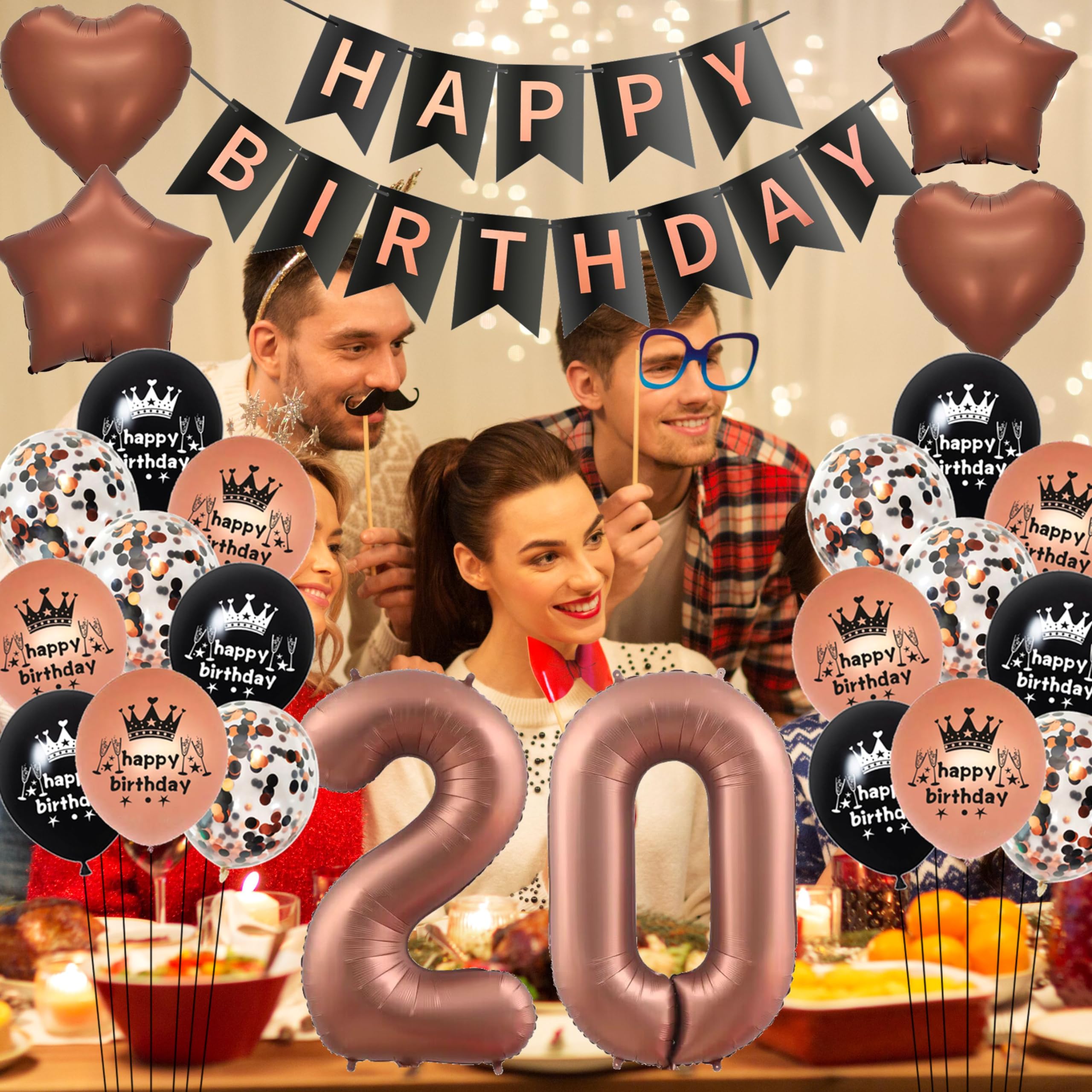 Set Palloncini 90 Anni Compleanno: Decorazione Marrone, Oro Rosa E Nera Per Festa Donna E Uomo