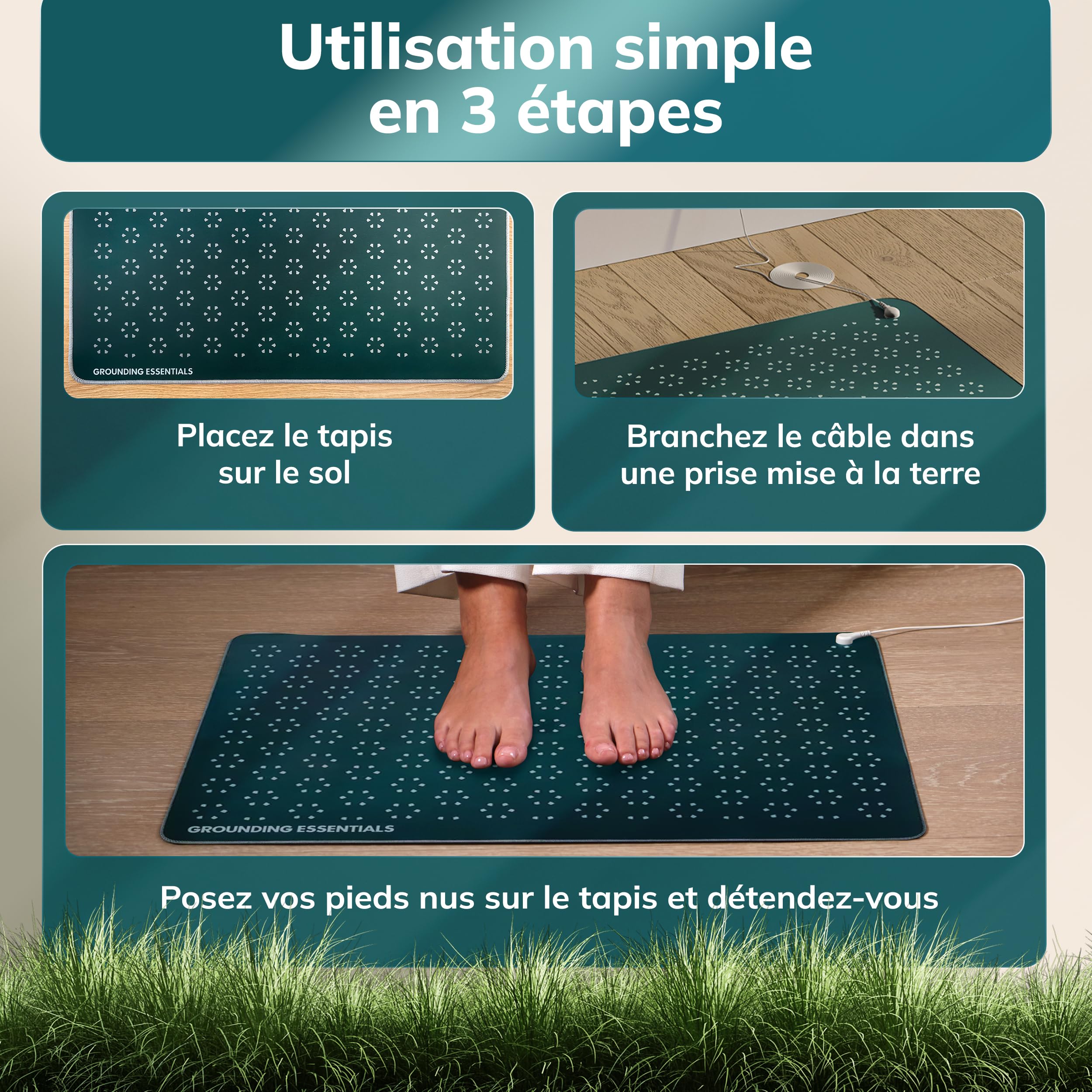 Tapis de Mise à la Terre 40x60 cm – Midnight Moss – avec câble & Prise EU – 12 Fils de cuivre, résistance 98Ω – Cuir PU Vegan, Base antidérapante – Bien-être Sommeil Détente