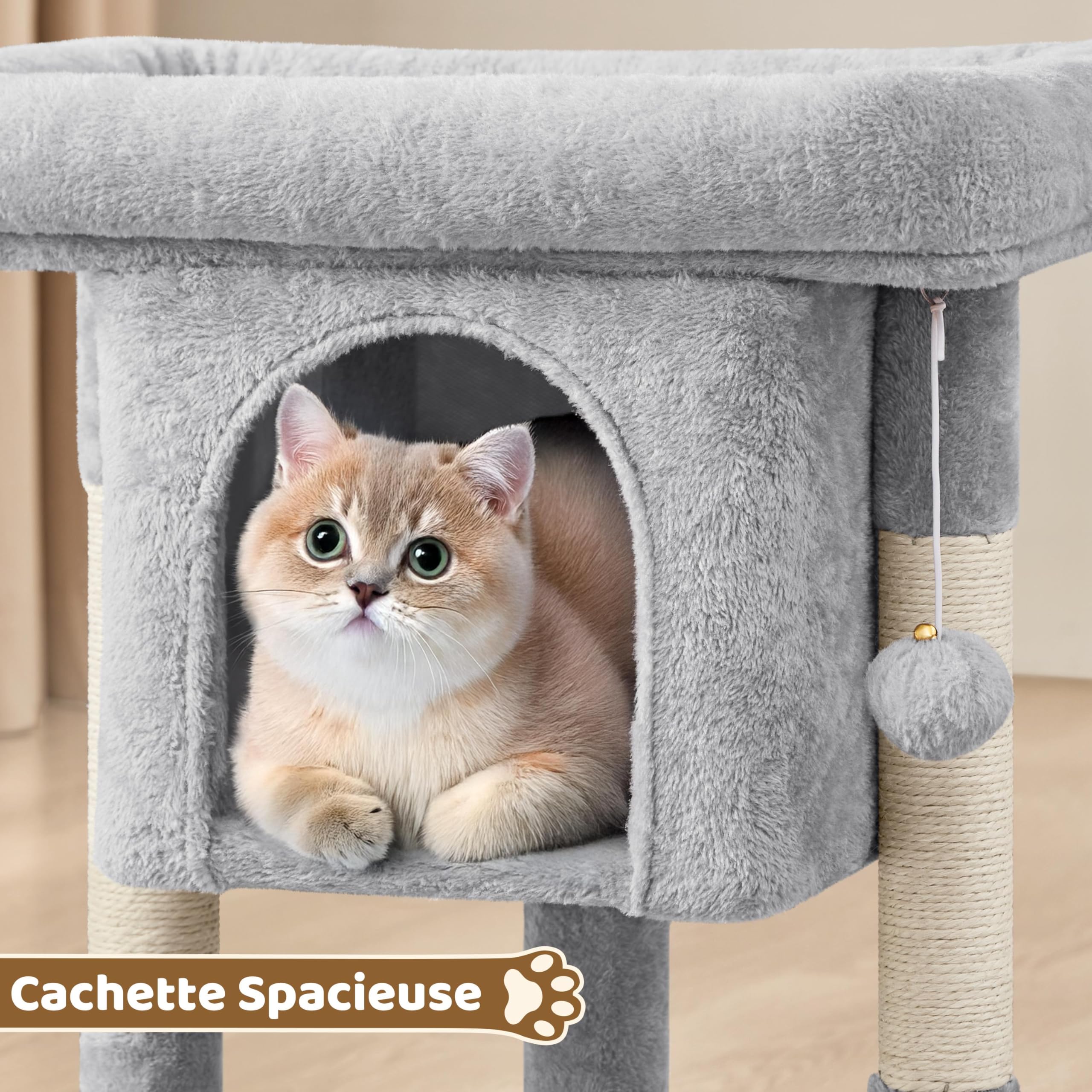 Yaheetech Arbre à Chat Design avec Niche et Plate-Forme Arbre-griffoir Tour pour Chat Hauteur 59cm Gris Clair