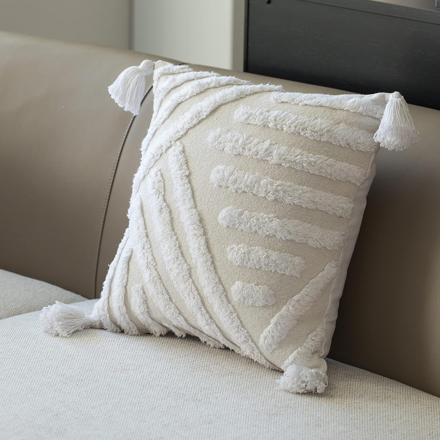 Deerlux 16" Handwoven Cotton Throw Pillow Cover with White Tufted Line Pattern and Tassel Corners, White