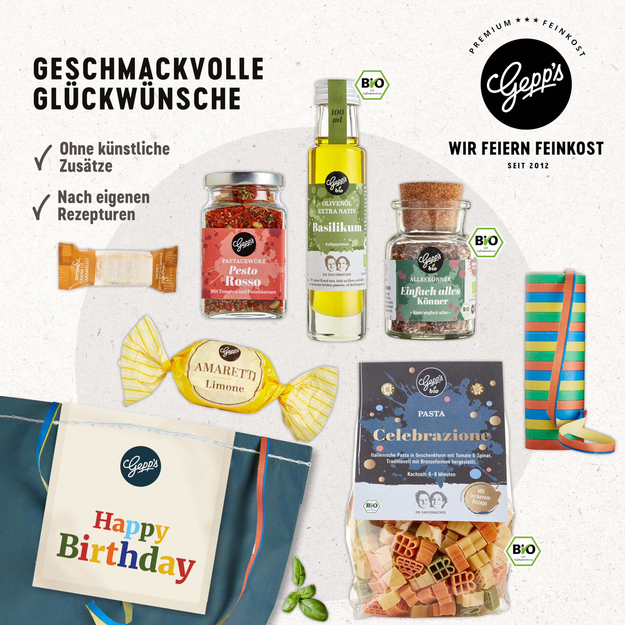 Gepp’s Feinkost Happy Birthday Geschenkset Gourmet Geschenk-Set mit handgemachter Pasta, Pesto-Rosso Gewürz, Bio Alleskönner Gewürz & Basilikumöl