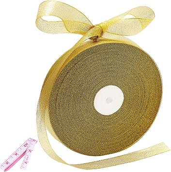 100 Yards Gold Glitter Ribbon 1 Inch, Sparkly Width Solid Fabric Ribbon for Gift Wrapping, Crafts, Holiday Wedding Birthday Party Decoration Flower Bouquet, Metallic Gold Ribbon Roll
