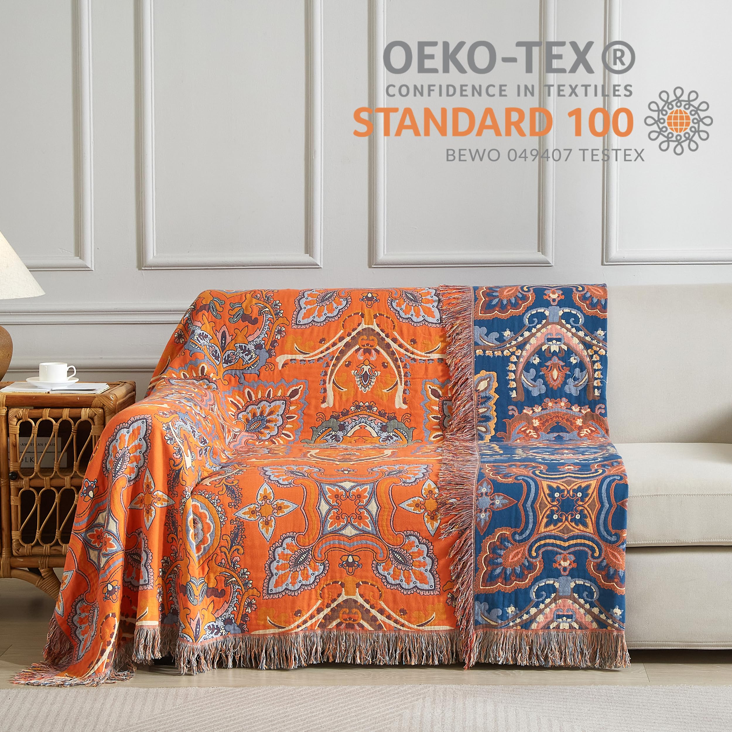 SE SOFTEXLY Manta Boho, 100 % algodón, muselina de doble cara, manta boho, 230 x 250 cm, manta de patchwork para sofá y colcha, ideal para sala de estar y dormitorio, naranja y verde